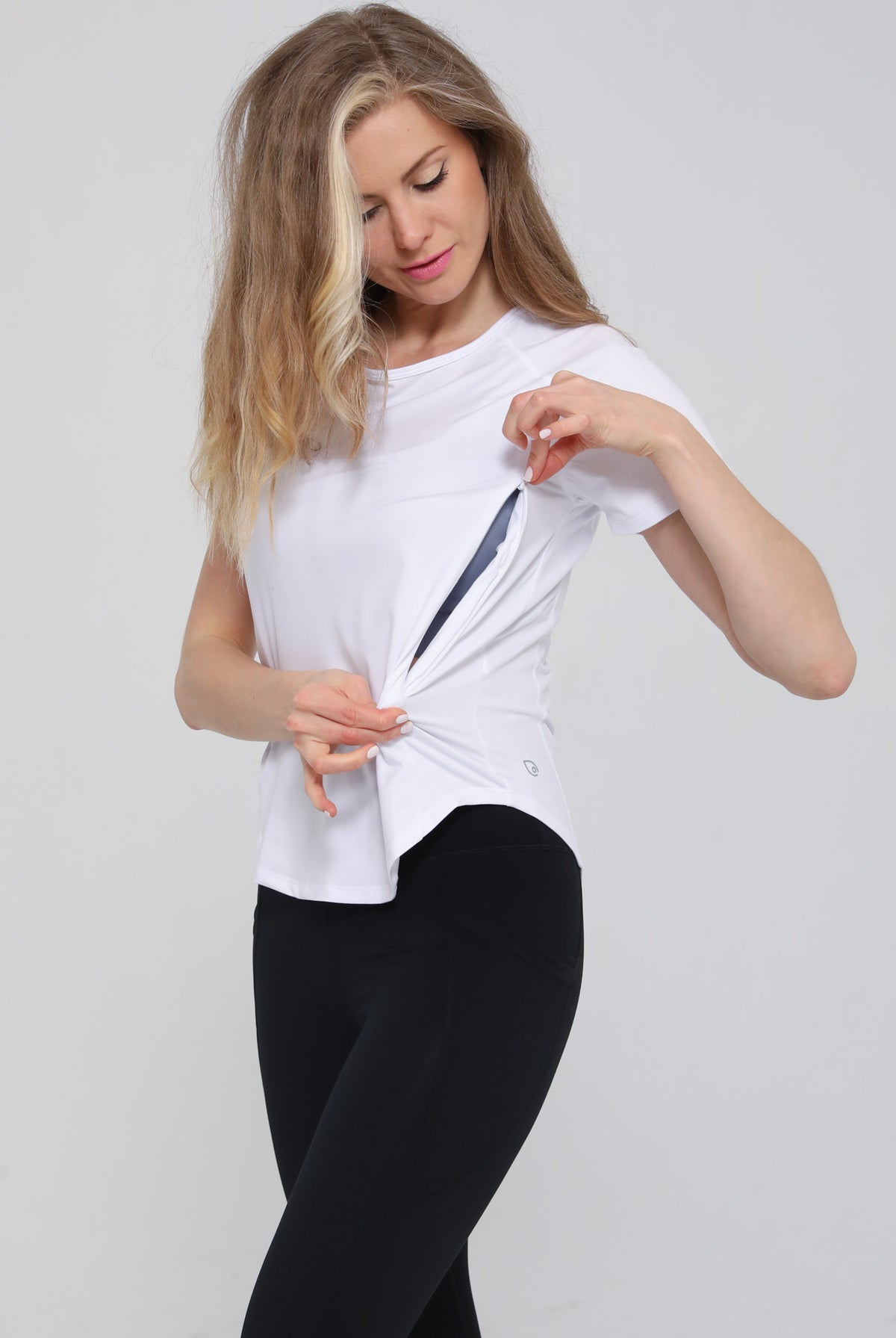 mira running nursing tee, sweat and milk