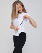 mira running nursing tee, sweat and milk