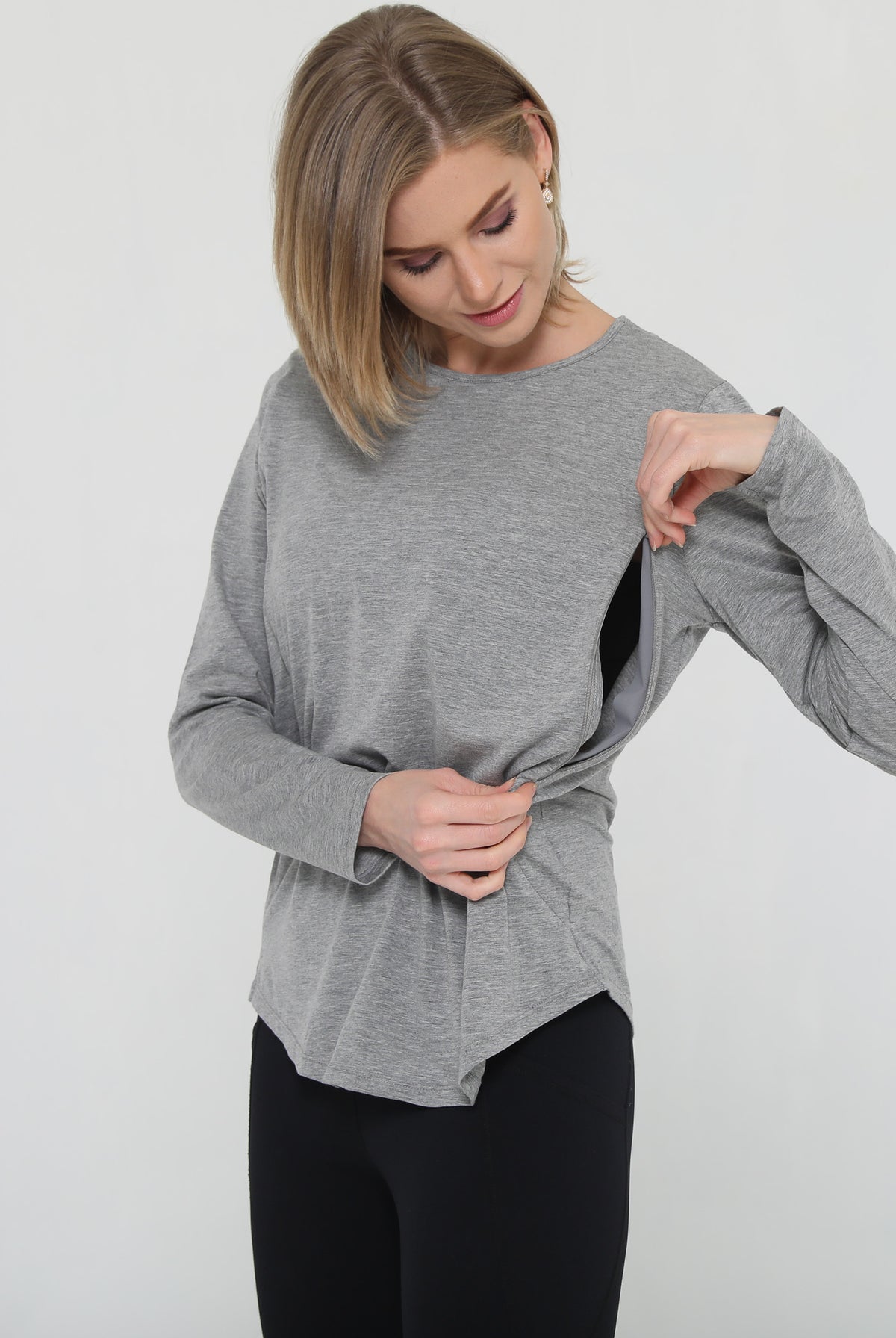 stylish nursing top with invisible zippers, open back design, sweat and milk