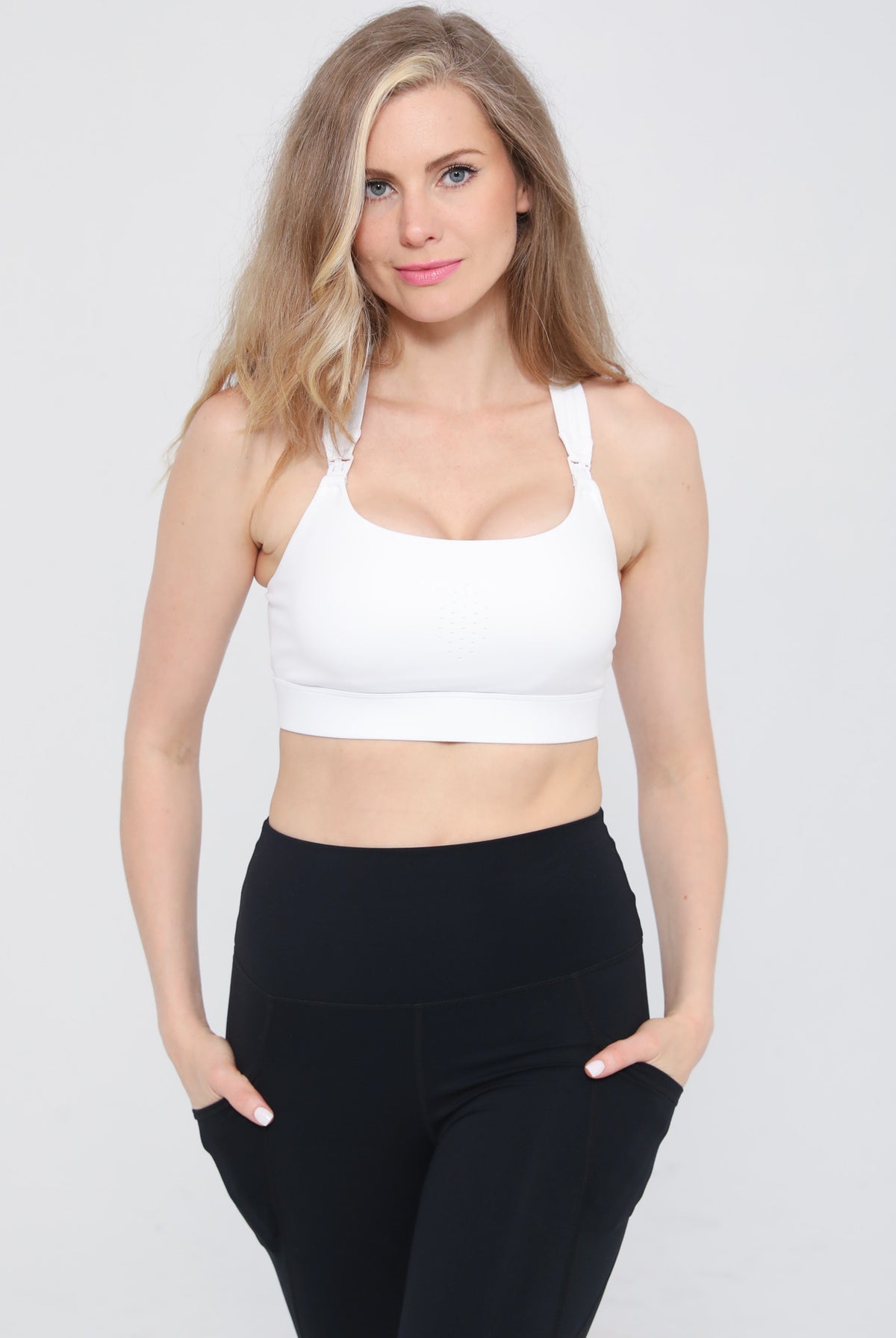 Chloe 4 nursing and pumping bra front view – in white – Sweat and Milk