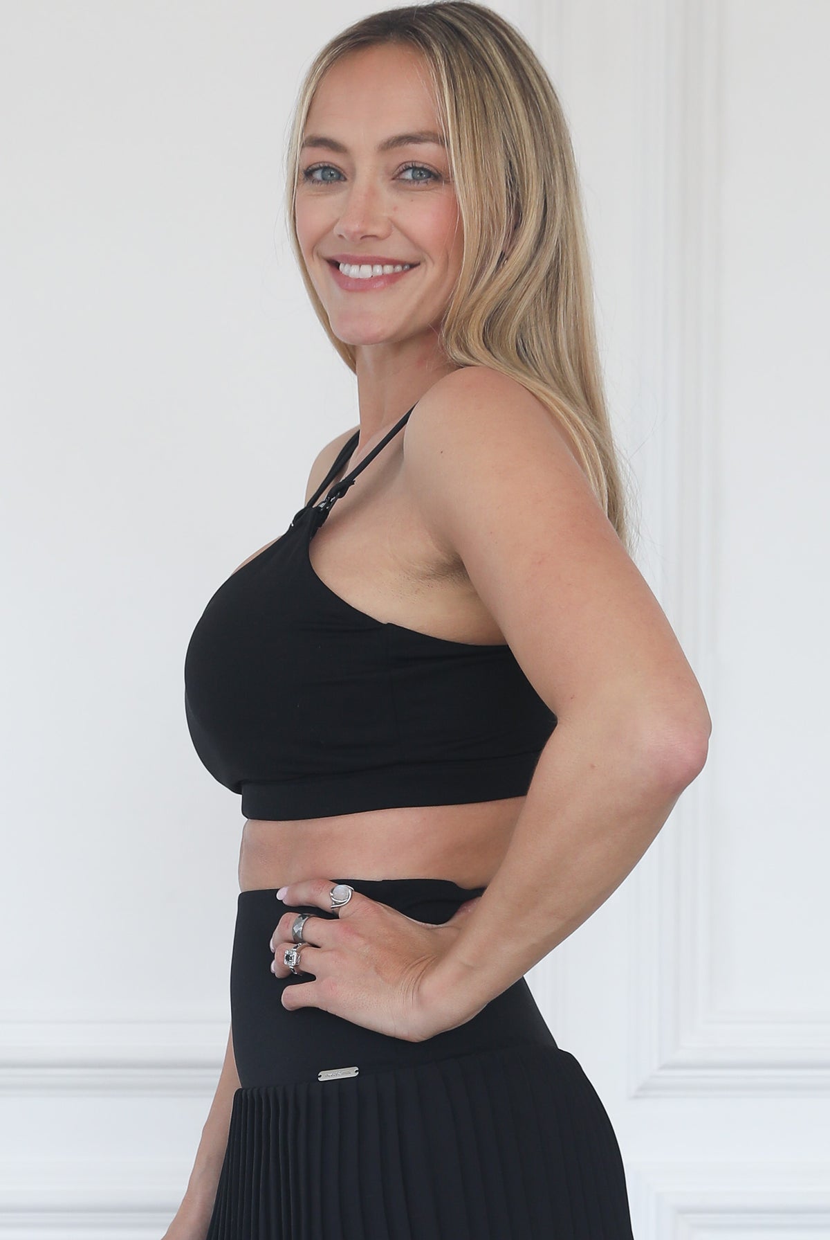 Medium Impact Nursing and pumping sports bra, stylish, black, sweat and milk