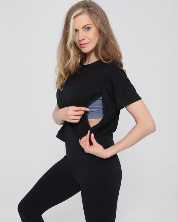 Abigail Organic Cotton Short Sleeve Nursing T-Shirt (Pine) in Noir