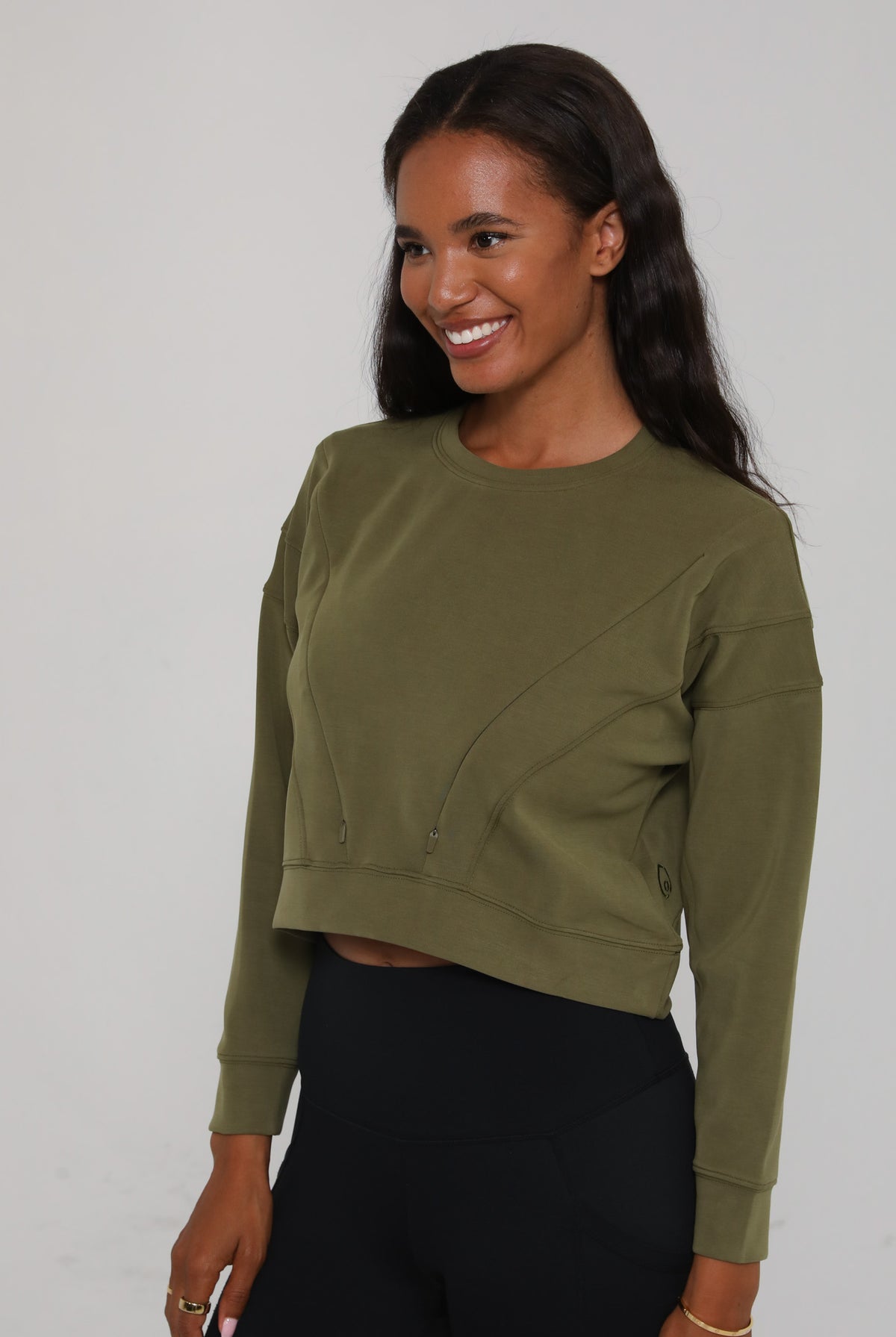 Lyah softtreme nursing sweatshirt pullover, side shot, sweat and milk