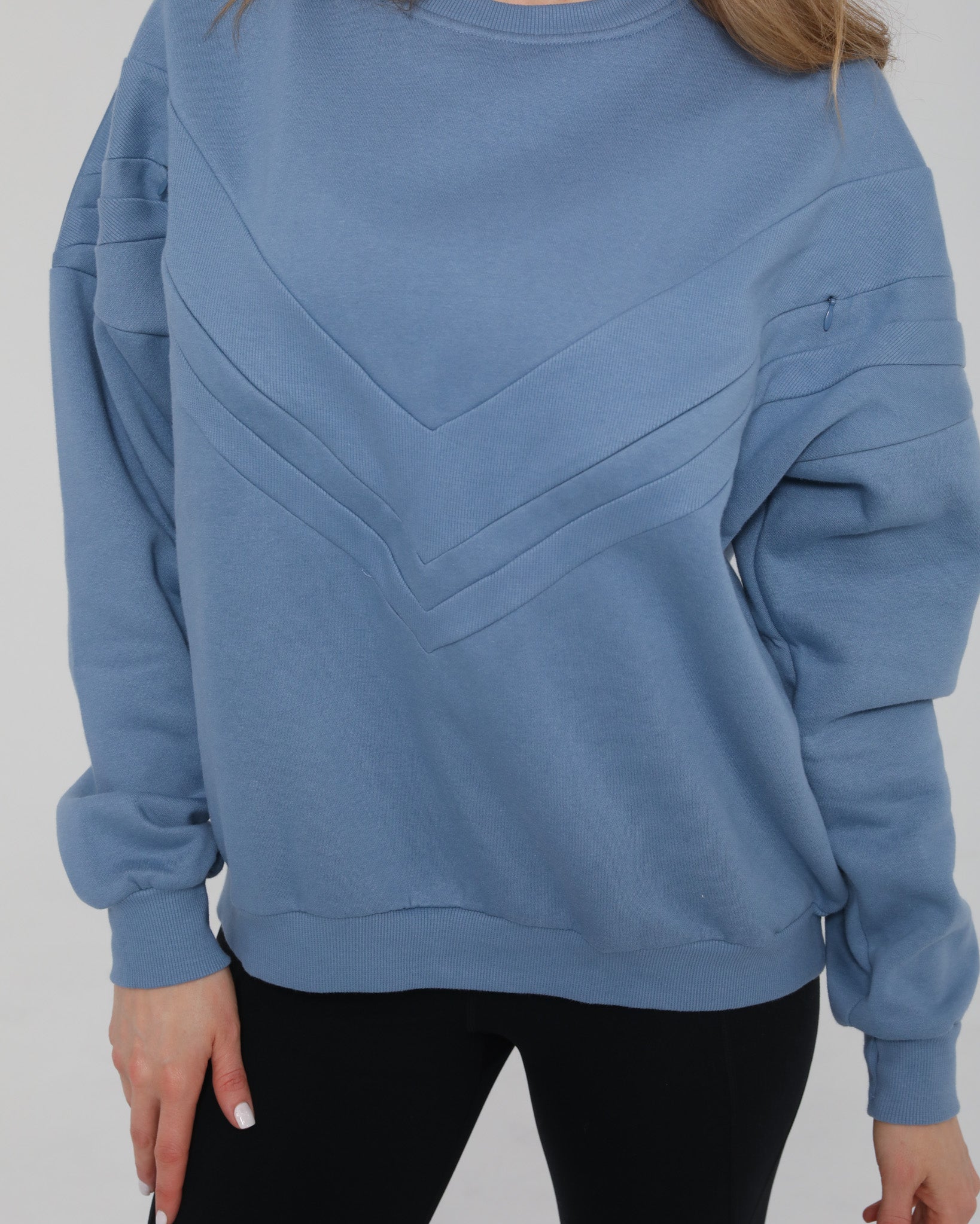 Front view of the Isabella Nursing Sweatshirt in rich chambery blue, featuring a sleek, modern silhouette and ultra-soft fabric, sweat and milk