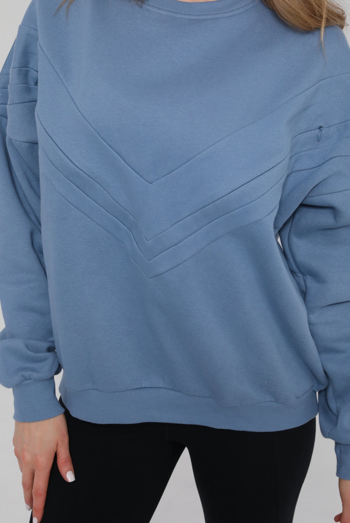 Front view of the Isabella Nursing Sweatshirt in rich chambery blue, featuring a sleek, modern silhouette and ultra-soft fabric, sweat and milk