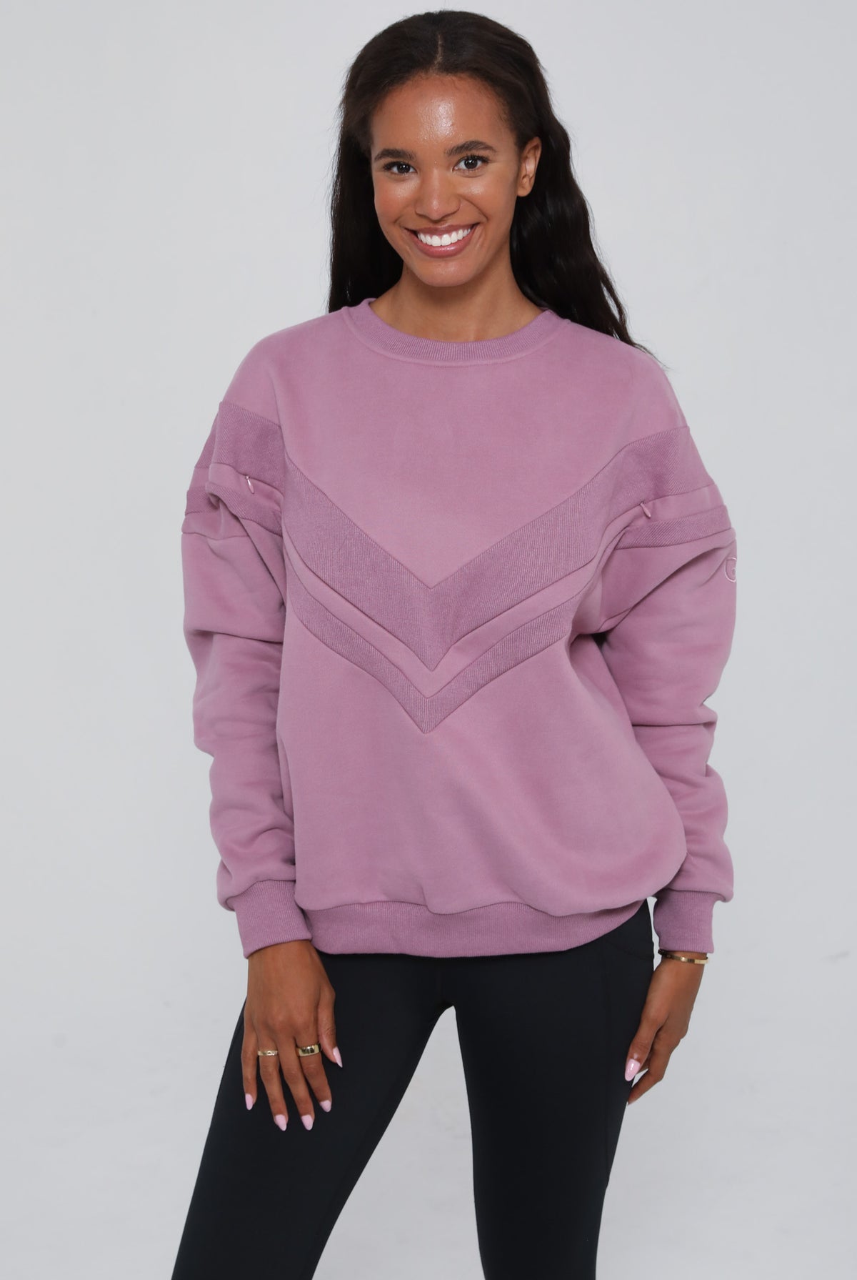 Front view of the Isabella Nursing Sweatshirt in rich mulberry, featuring a sleek, modern silhouette and ultra-soft fabric, sweat and milk