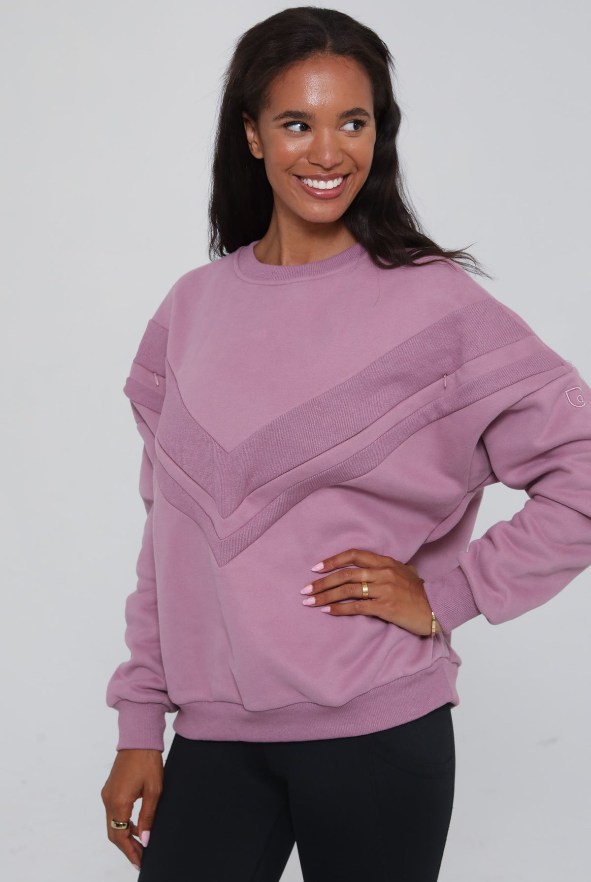 Side view of the Isabella Nursing Sweatshirt in mulberry, highlighting the flattering drape and relaxed fit. Sweat and Milk