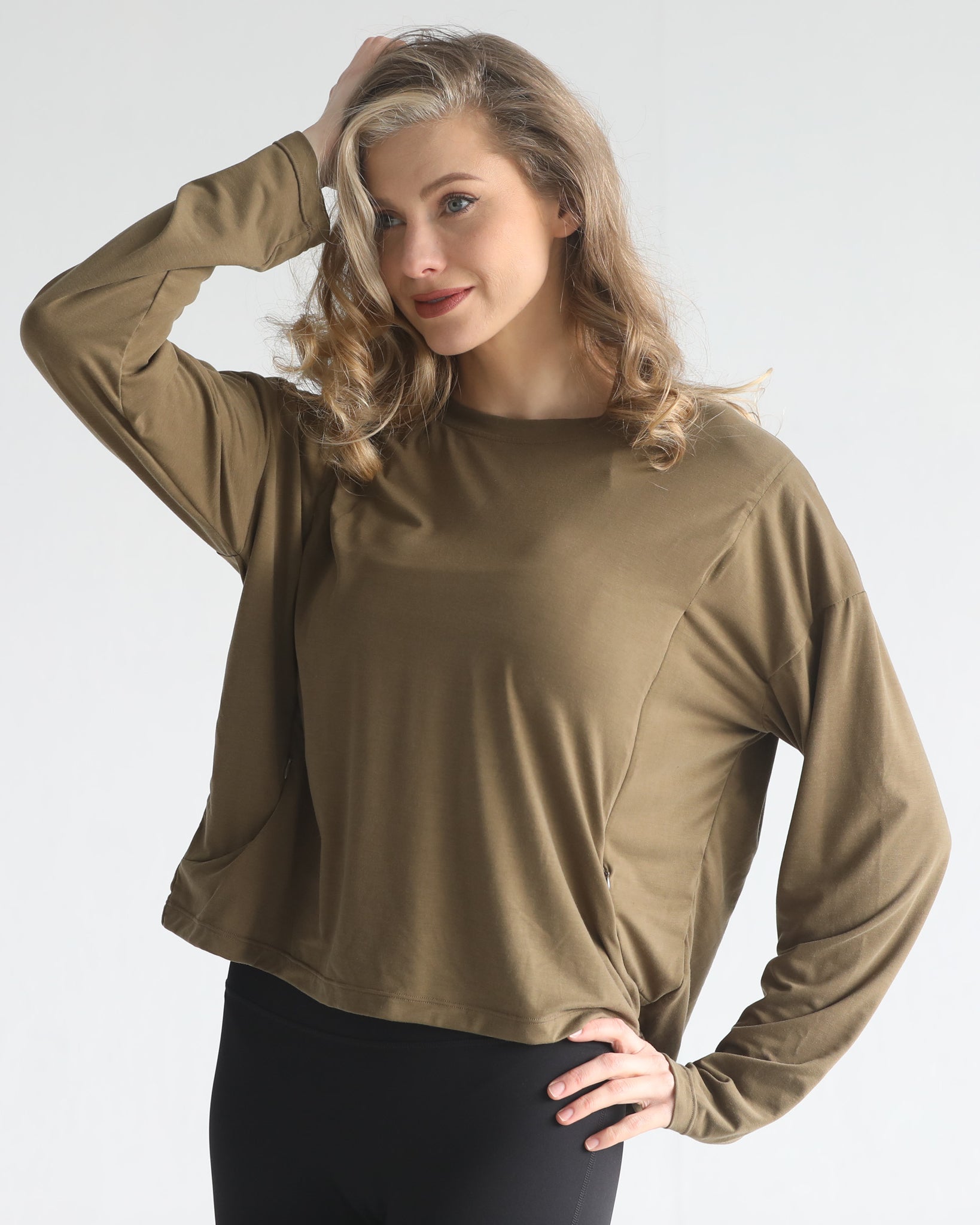 loose fit nursing long sleeve, sweat and milk