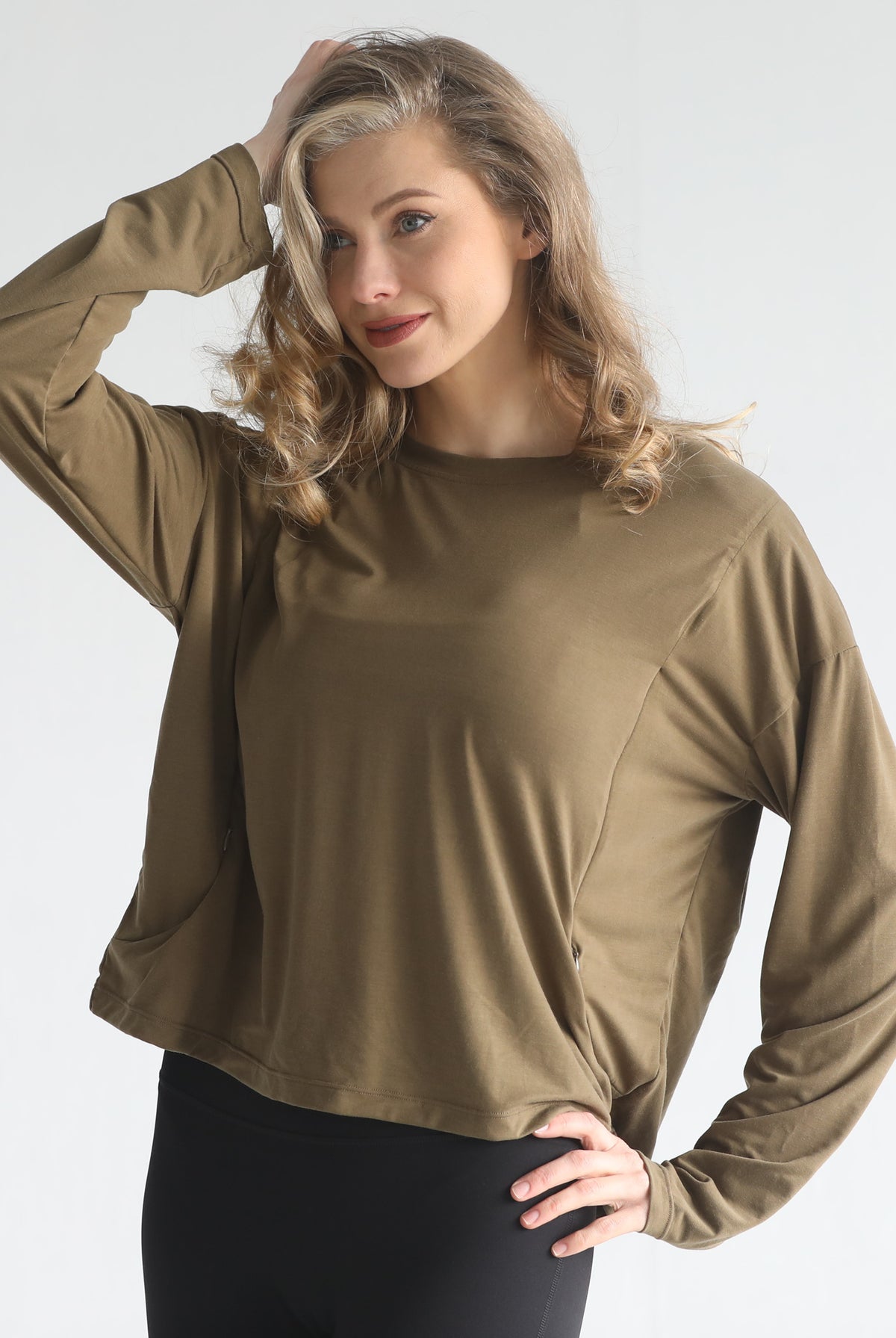 loose fit nursing long sleeve, sweat and milk
