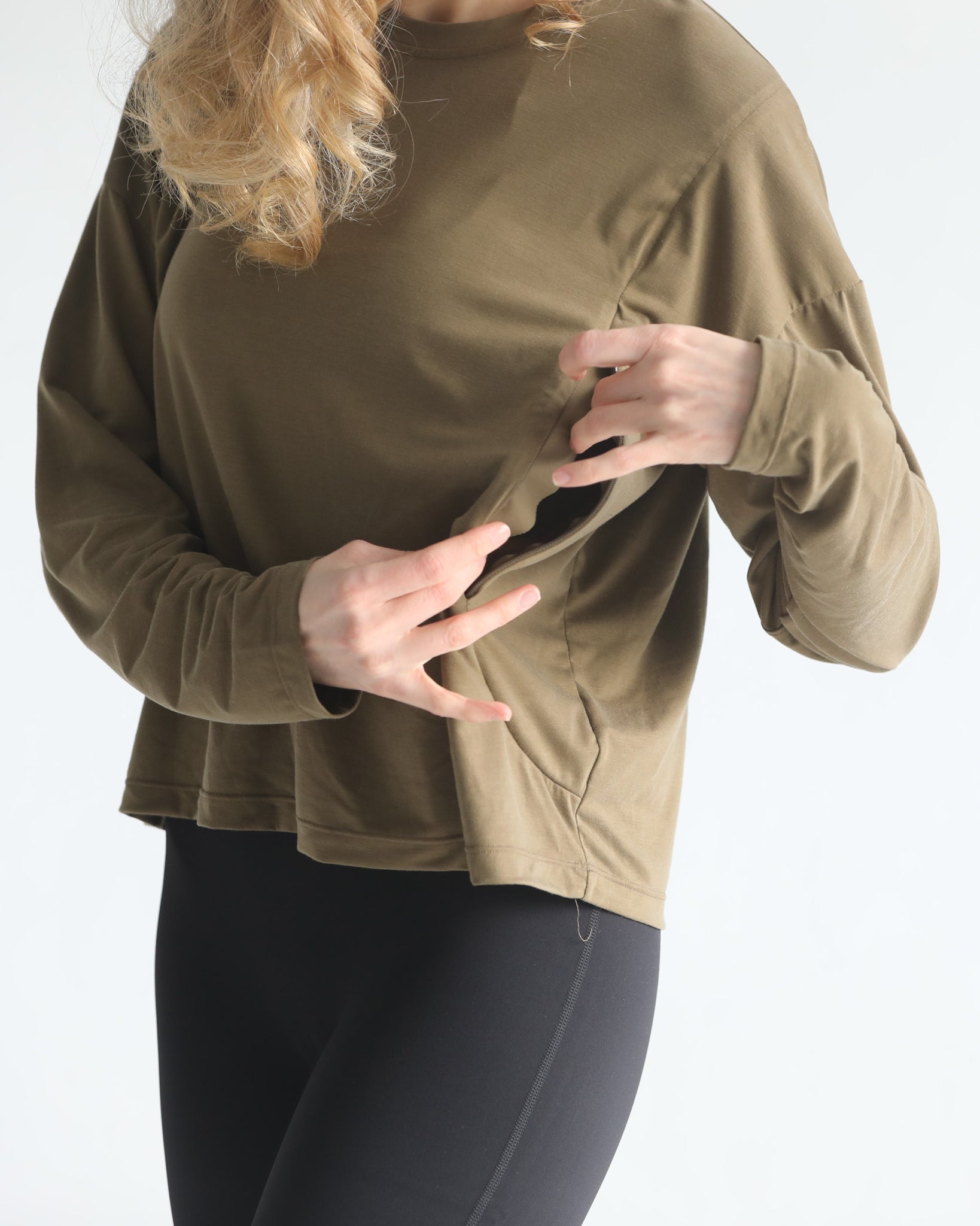 loose fit nursing long sleeve, sweat and milk