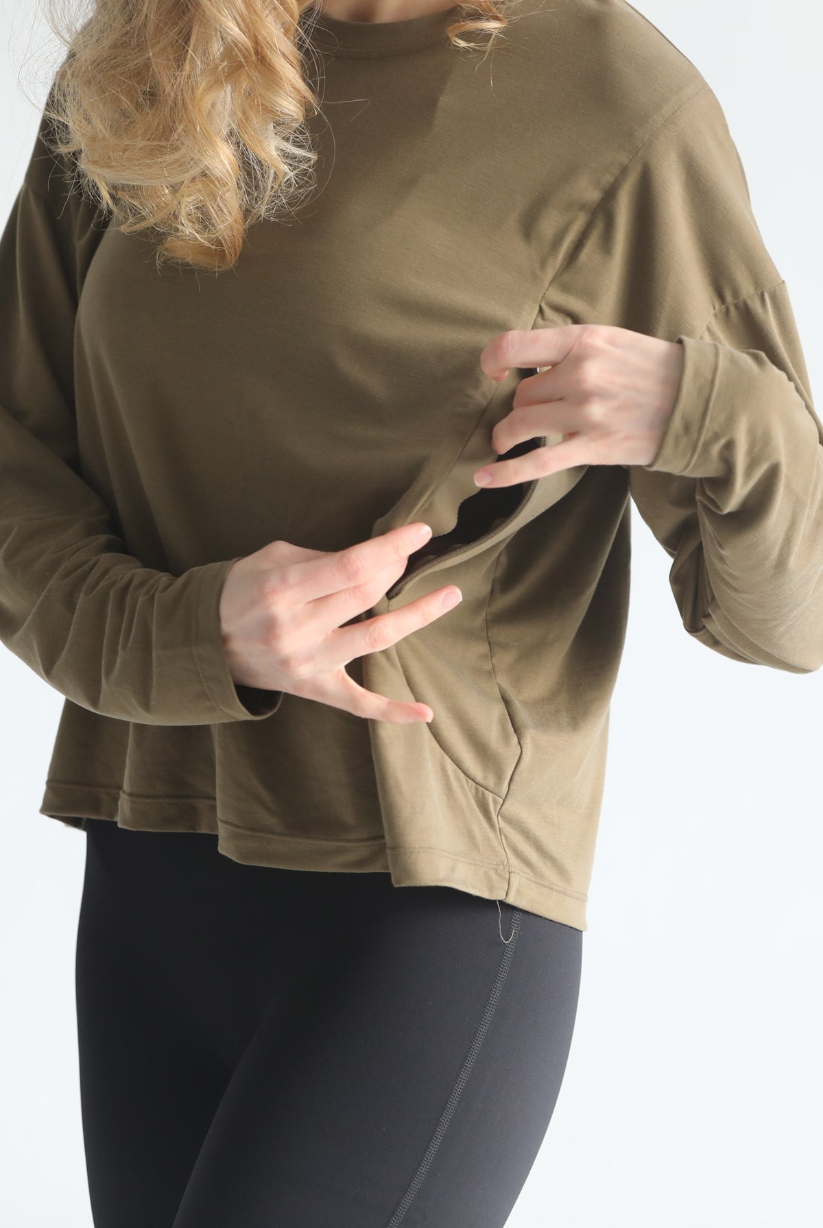loose fit nursing long sleeve, sweat and milk