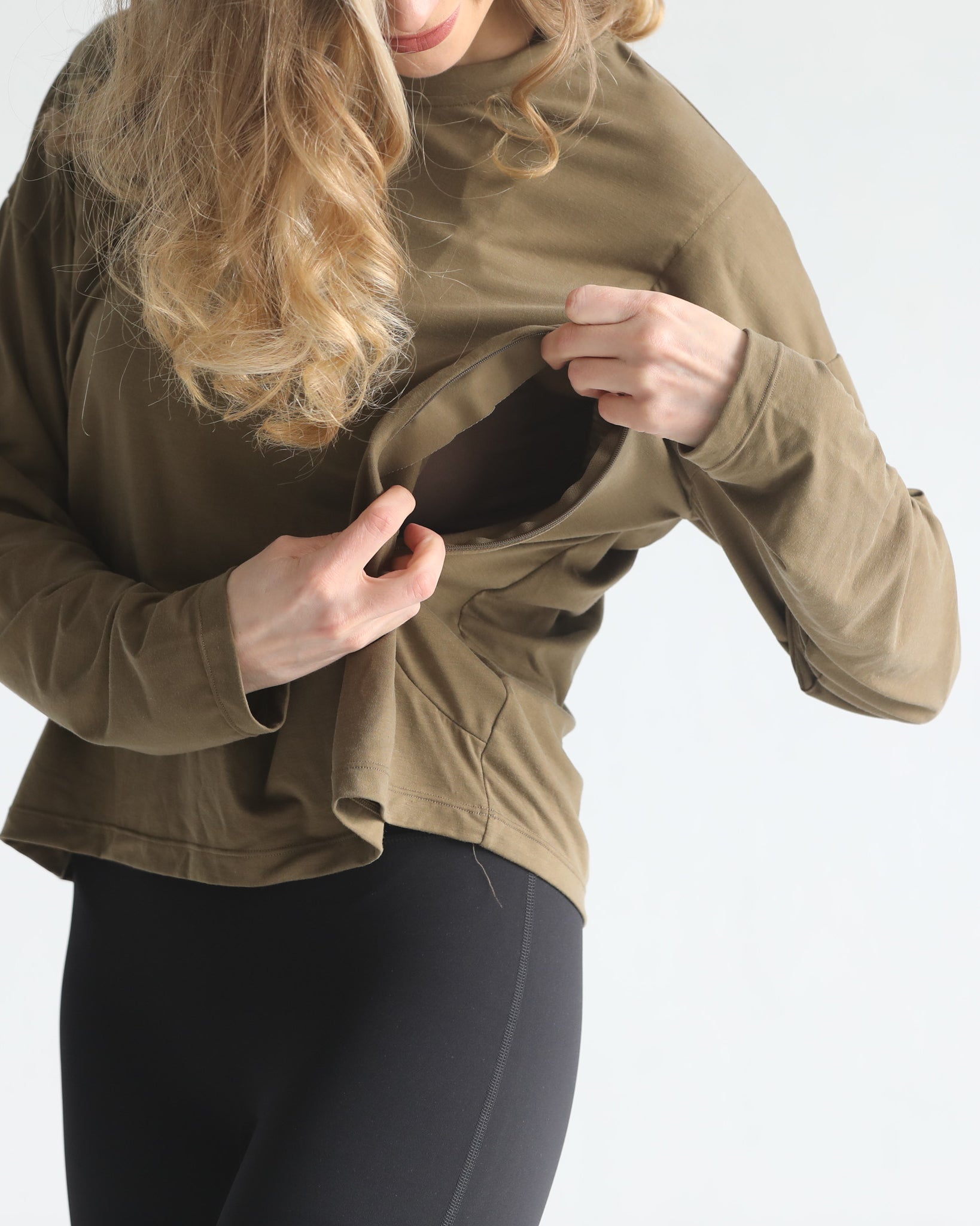 loose fit nursing long sleeve, sweat and milk