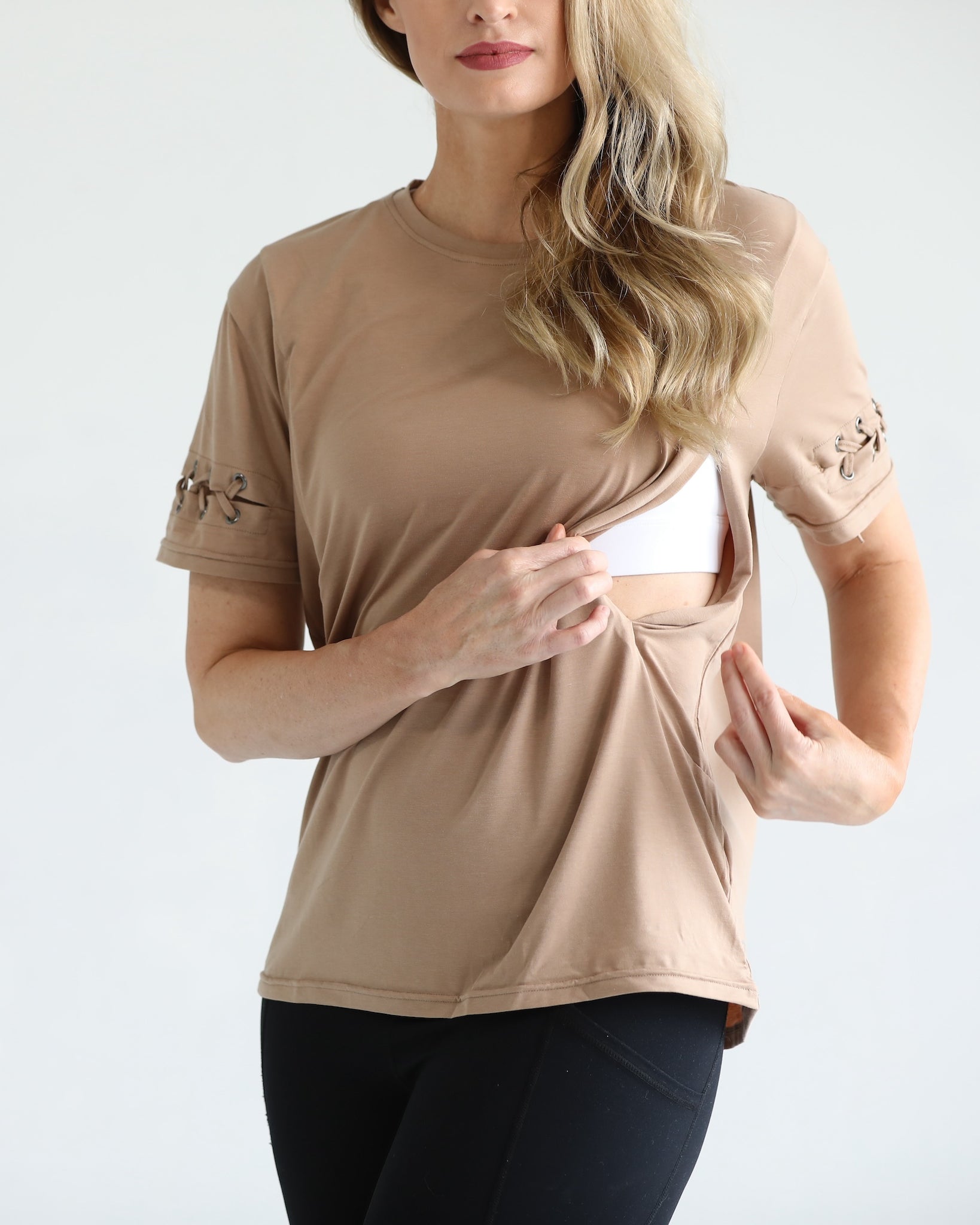 loose fit nursing t shirt with zippers, sweat and milk