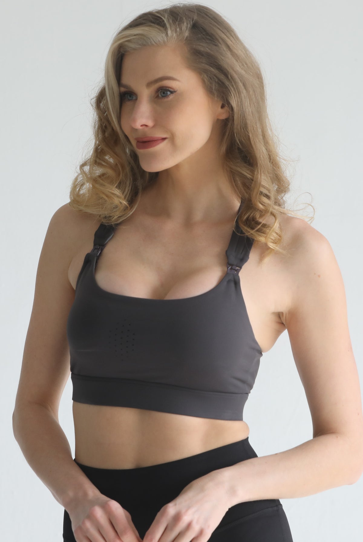 Chloe 4 Running high impact nursing sports bra, large chested mom, sweat and milk