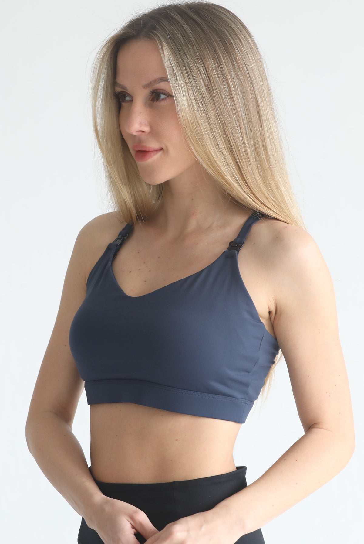 medium support nursing sports bra, adjustable, sweat and milk