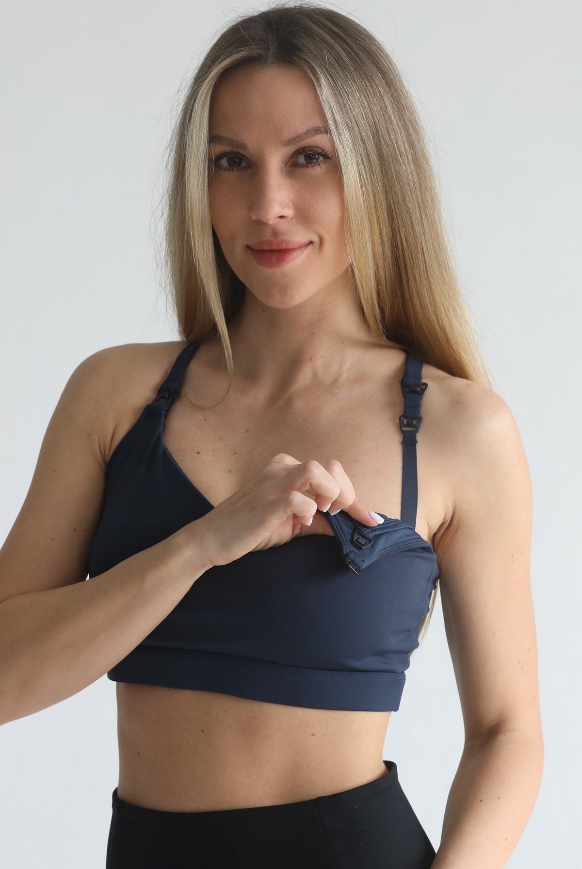 medium support nursing sports bra, adjustable, sweat and milk