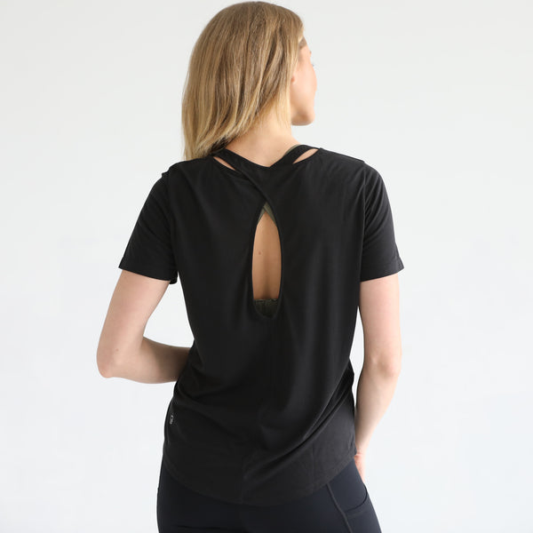 Harper Cross Back Short Sleeve Nursing Tee (Sugar Coral) in Noir