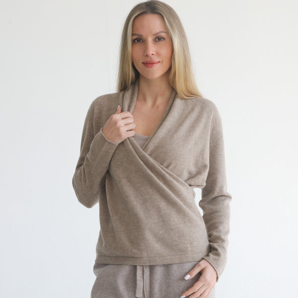 Camille Cashmere Wrap Sweater (Blanc) in Chai