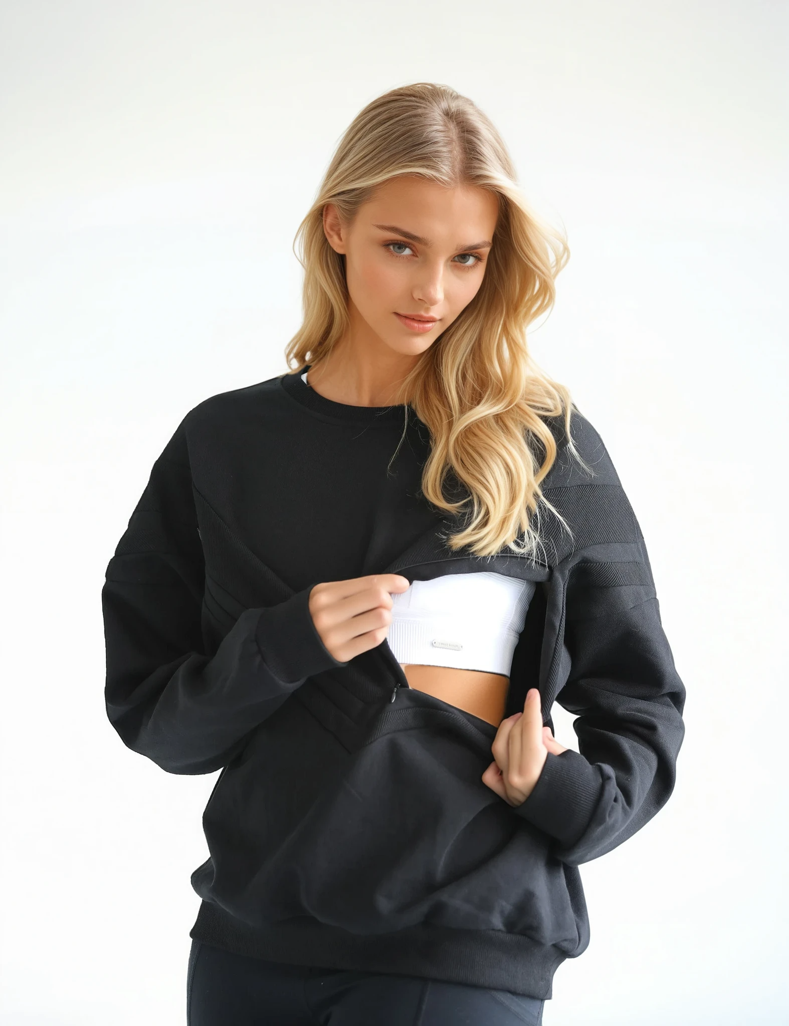 Isabella oversized nursing sweatshirt in organic cotton, open zipper for nursing short on a model, sweat and milk