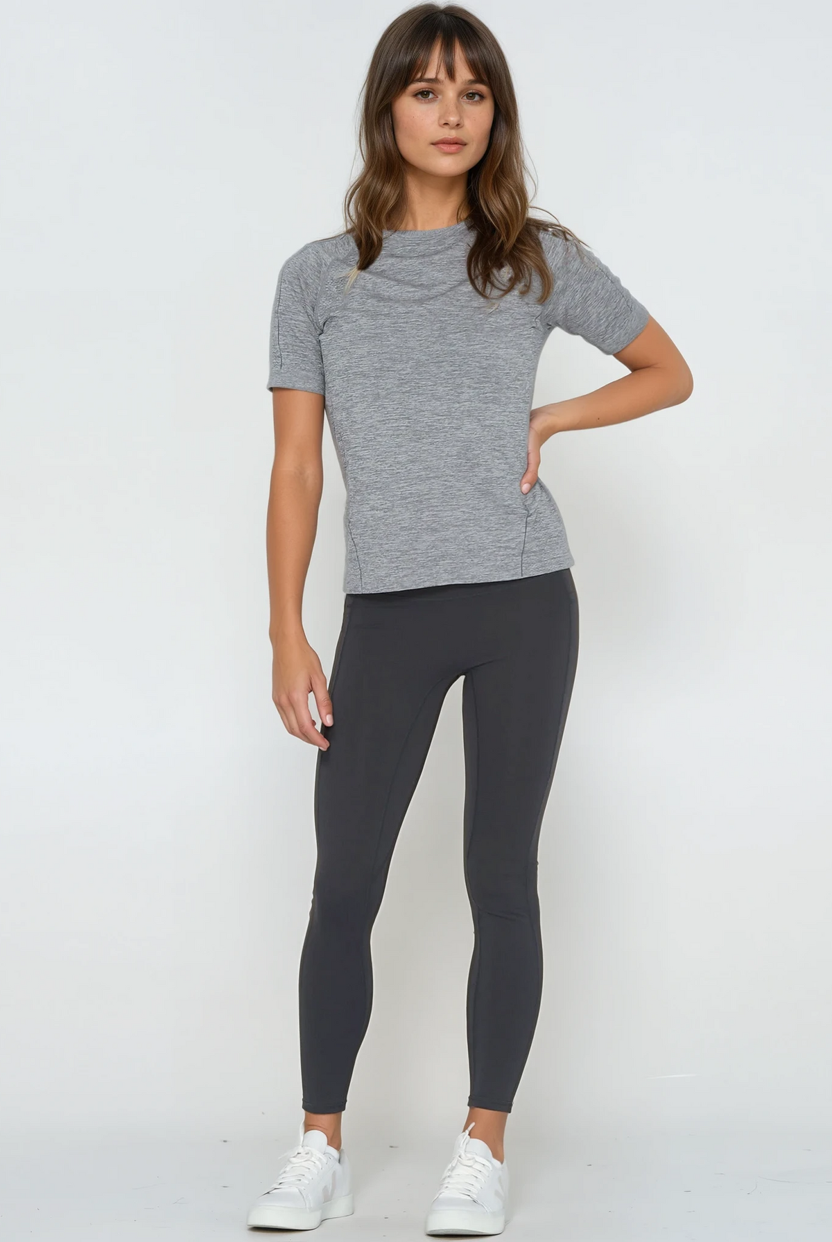 Seamless nursing running top, heather gray, Sweat and Milk, front shot full body