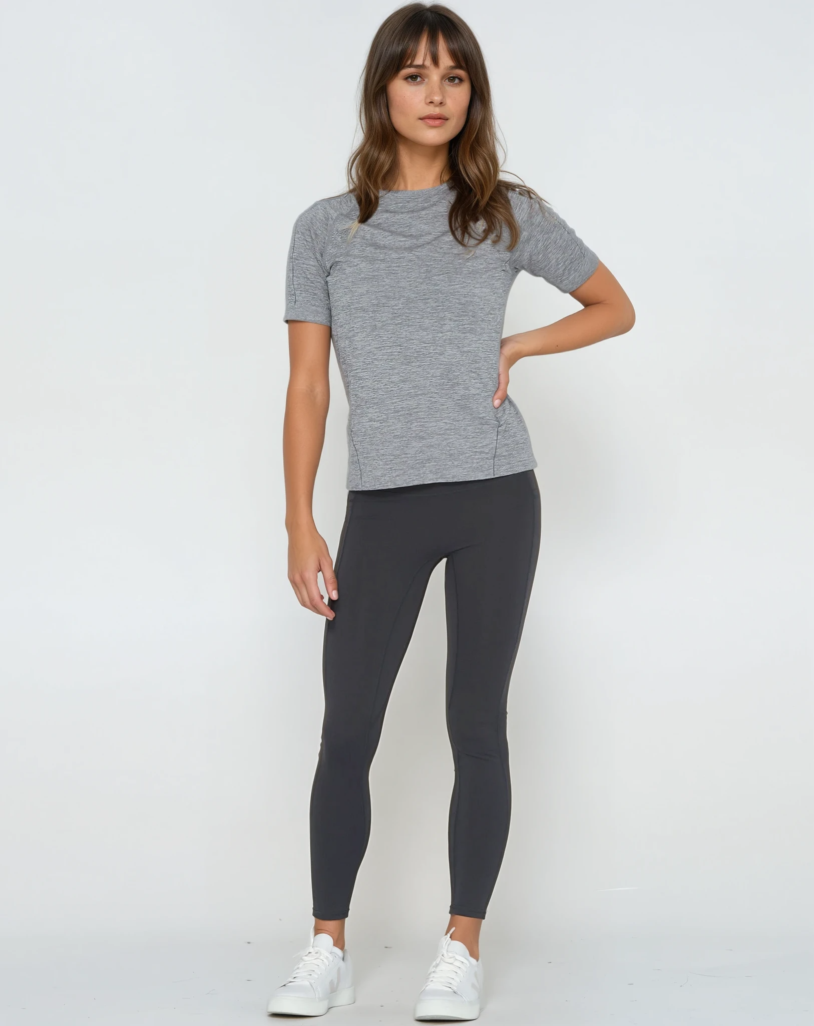Seamless nursing running top, heather gray, Sweat and Milk, front shot full body