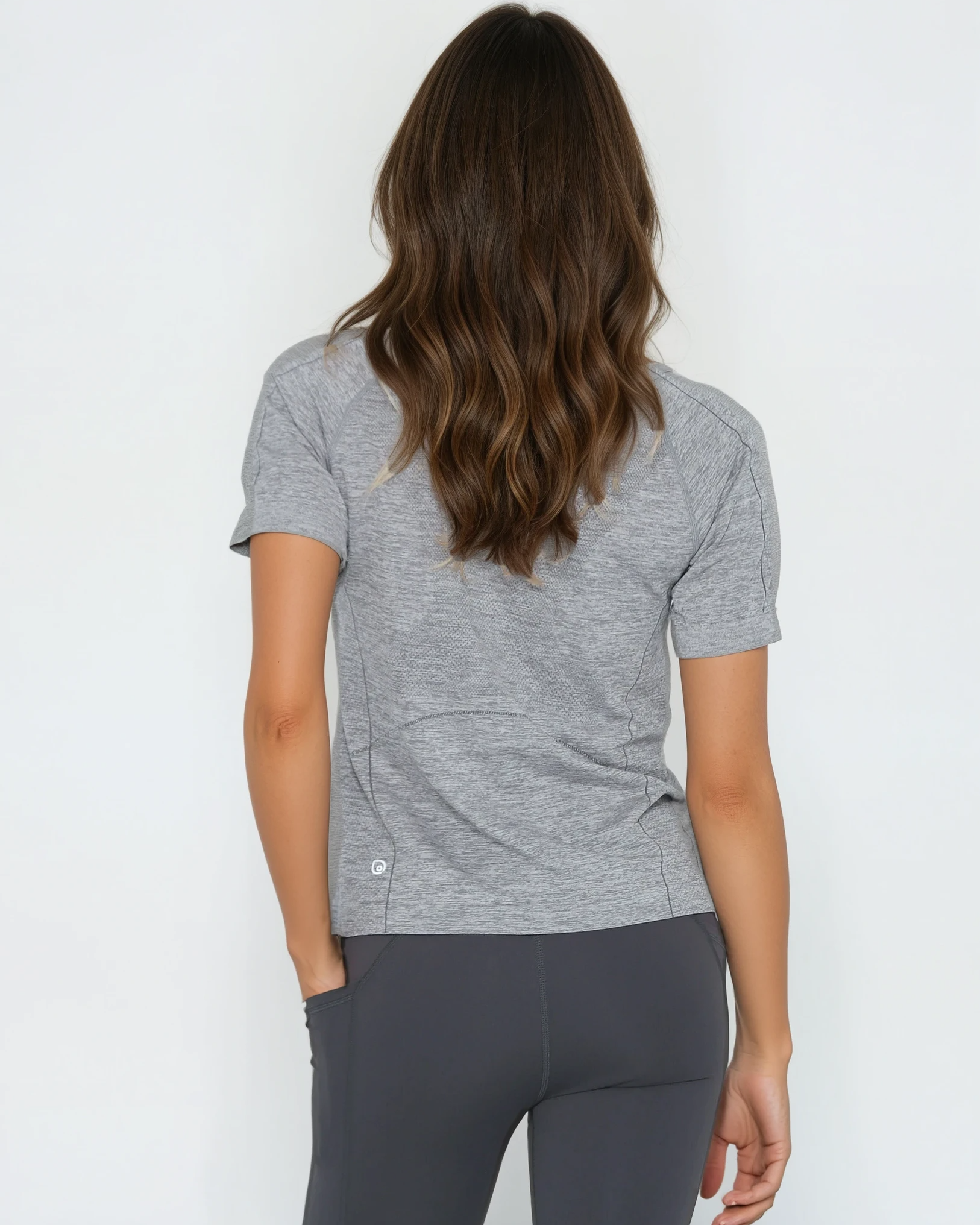 Seamless nursing running top, heather gray, Sweat and Milk, front shot half body