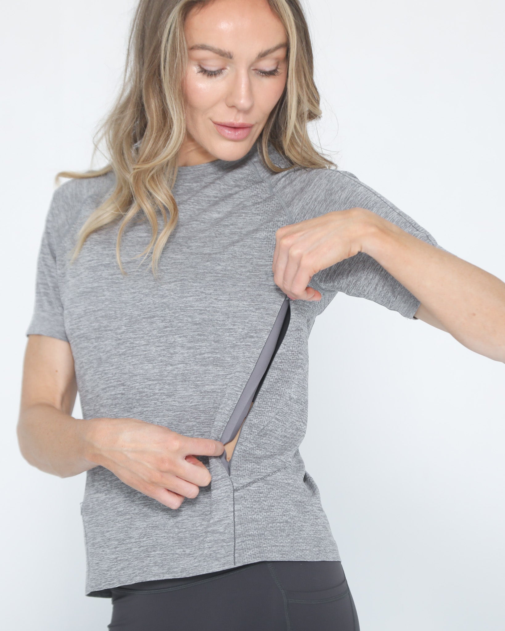 Seamless nursing running top, heather gray, Sweat and Milk, front shot with nursing zippers open