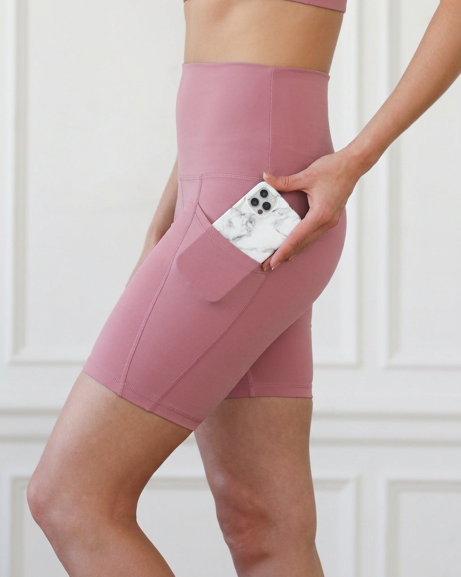 ultra high-rise postpartum biker shorts with pockets, sweat and milk, champagne rose, side shot showing pockets