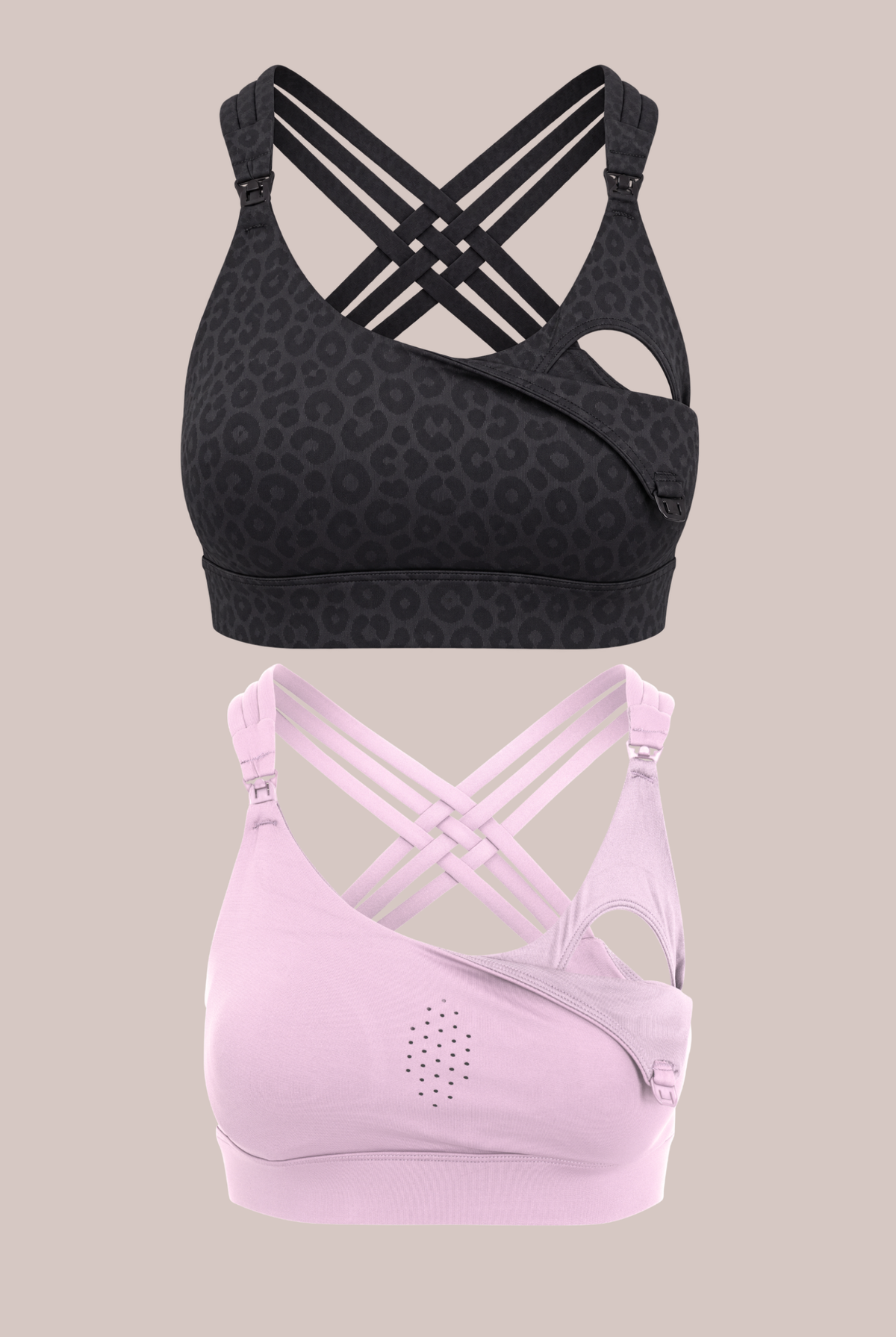 Two Chloe 3 running nursing sports bras shown on a plain beige background: a black leopard-print bra at the top with wide crossover straps, and a light pink bra at the bottom with matching crossover straps.