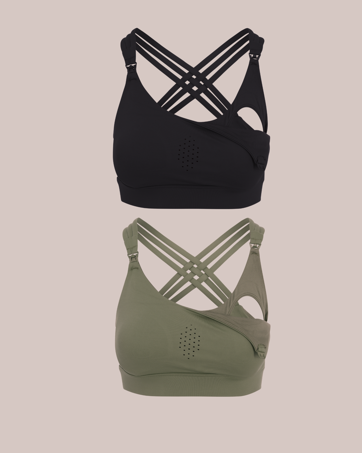 Two Chloe 3 running nursing sports bra styles shown on a plain beige background: a black bra at the top with multiple crisscross shoulder straps and a small circular perforated detail on the front, and an olive green bra at the bottom with the same strap design and perforated front.