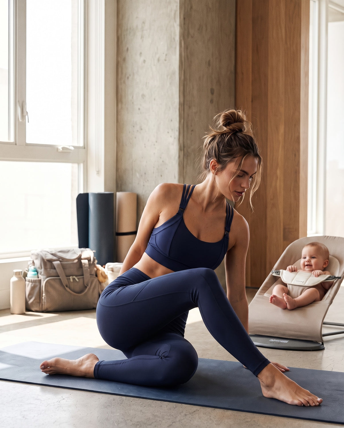 Chloe 5 running nursing sports bra with built in cups, non removable pads, high support, strappy back, adjustable band, pilate shot with baby