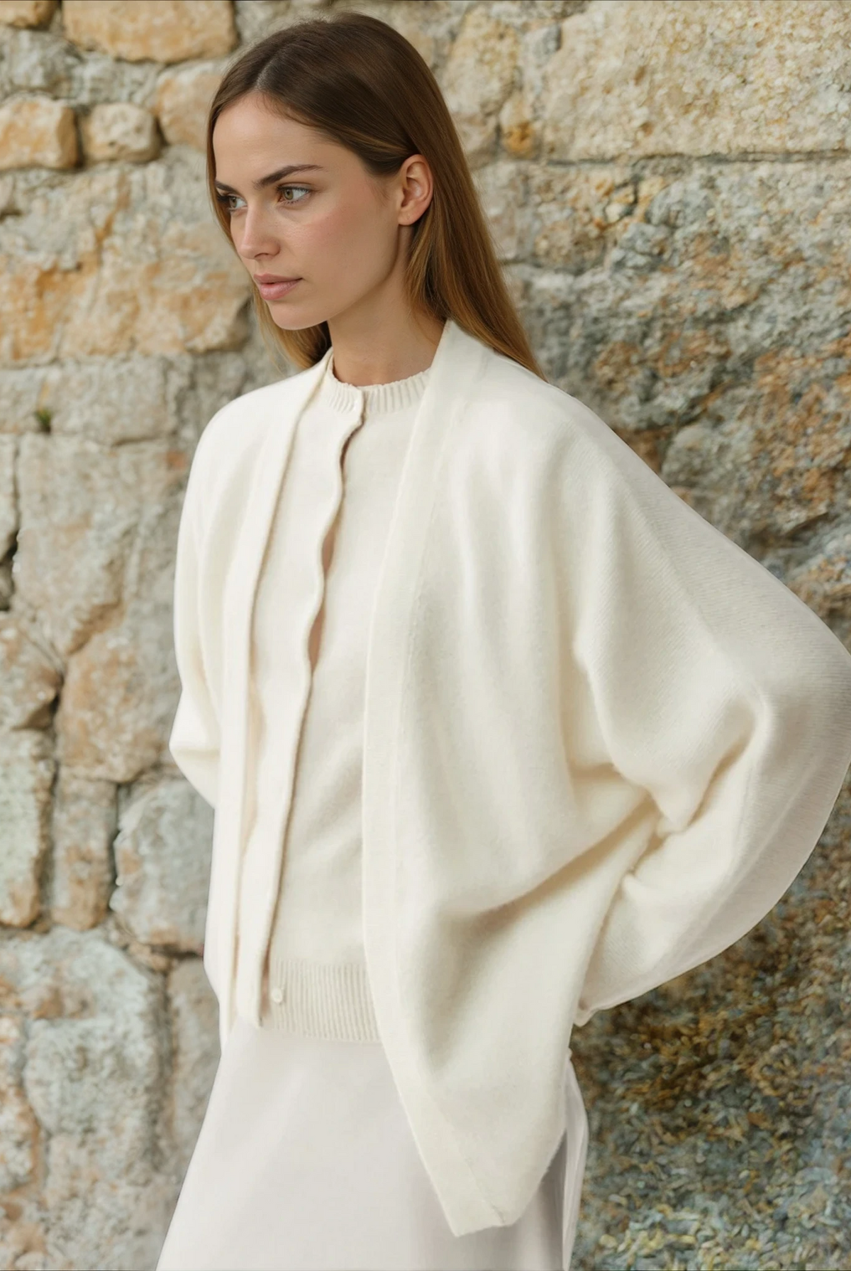 Cashmere cardigan, ivory, white, side shot sweat and milk