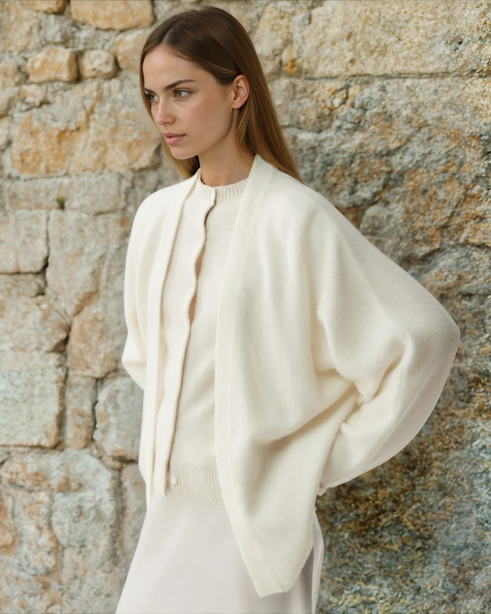 Cashmere cardigan, ivory, white, side shot sweat and milk