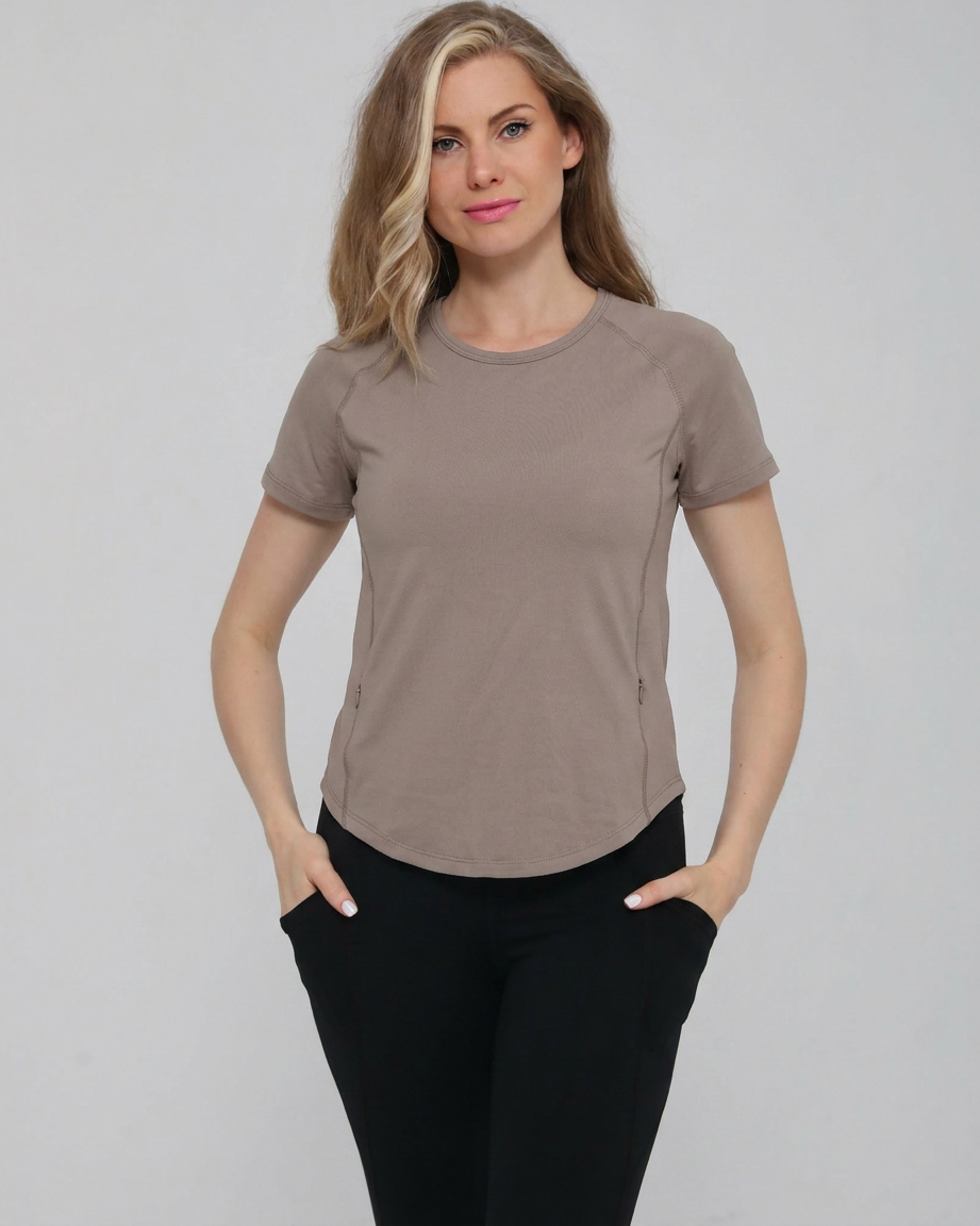 Mira running nursing top short sleeve, front shot, on model, dune color, sweat and milk