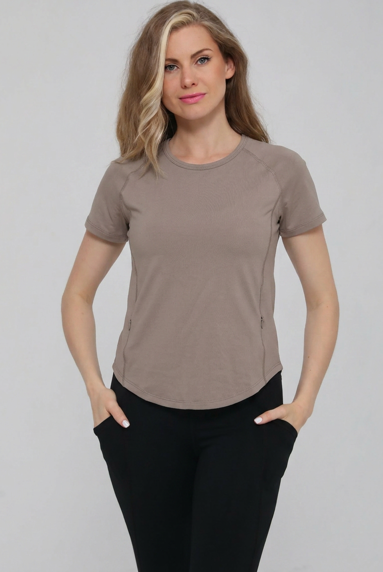 Mira running nursing top short sleeve, front shot, on model, dune color, sweat and milk