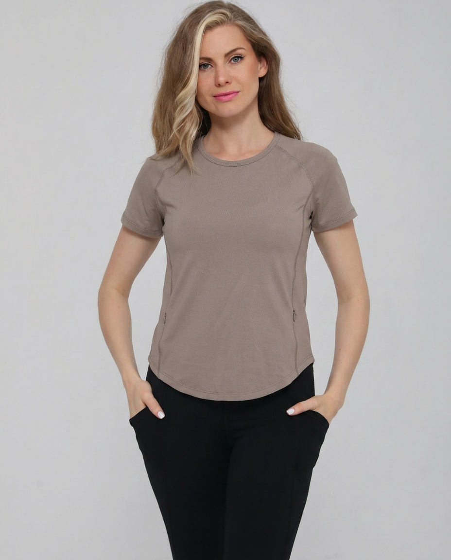 Mira running nursing top short sleeve, front shot, on model, dune color, sweat and milk