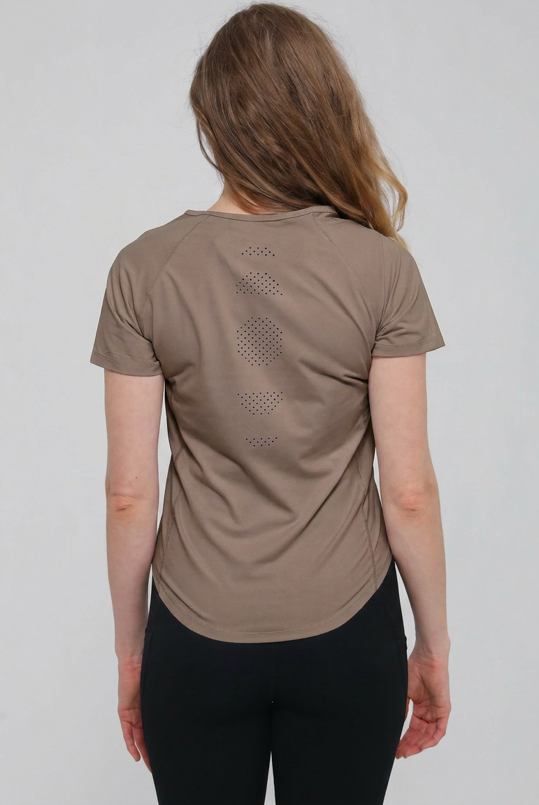 Mira running nursing top short sleeve, back shot with laser cut details, on model, dune color, sweat and milk
