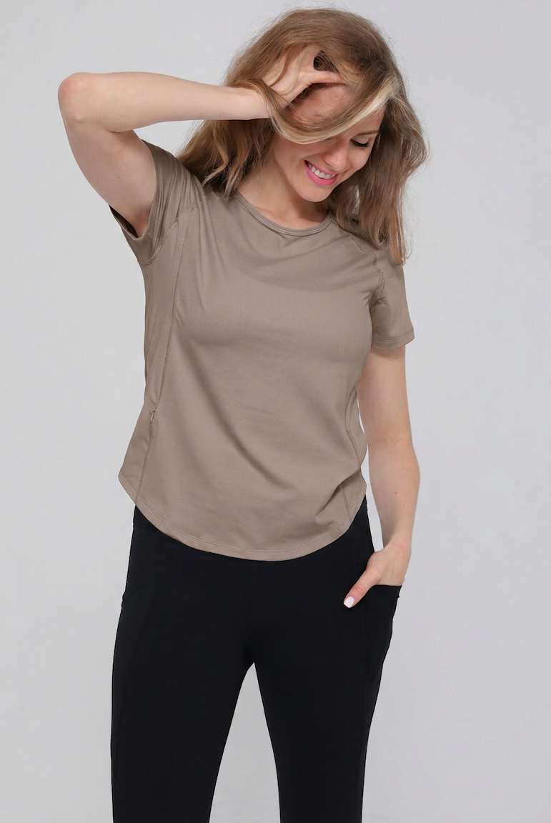 Mira running nursing top short sleeve, front shot, on model, dune color, sweat and milk