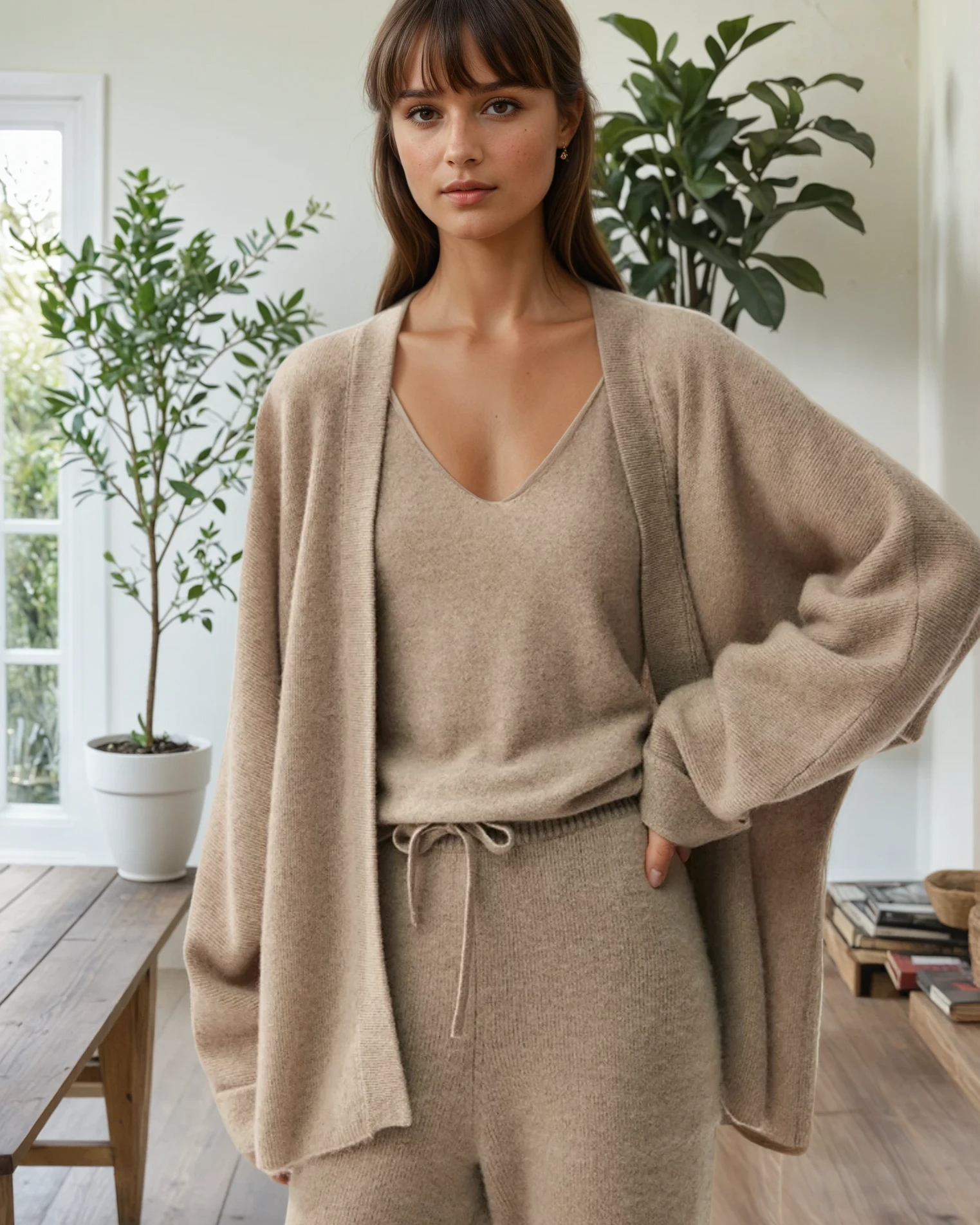 Cashmere cardigan on model, front shot, sweat and milk