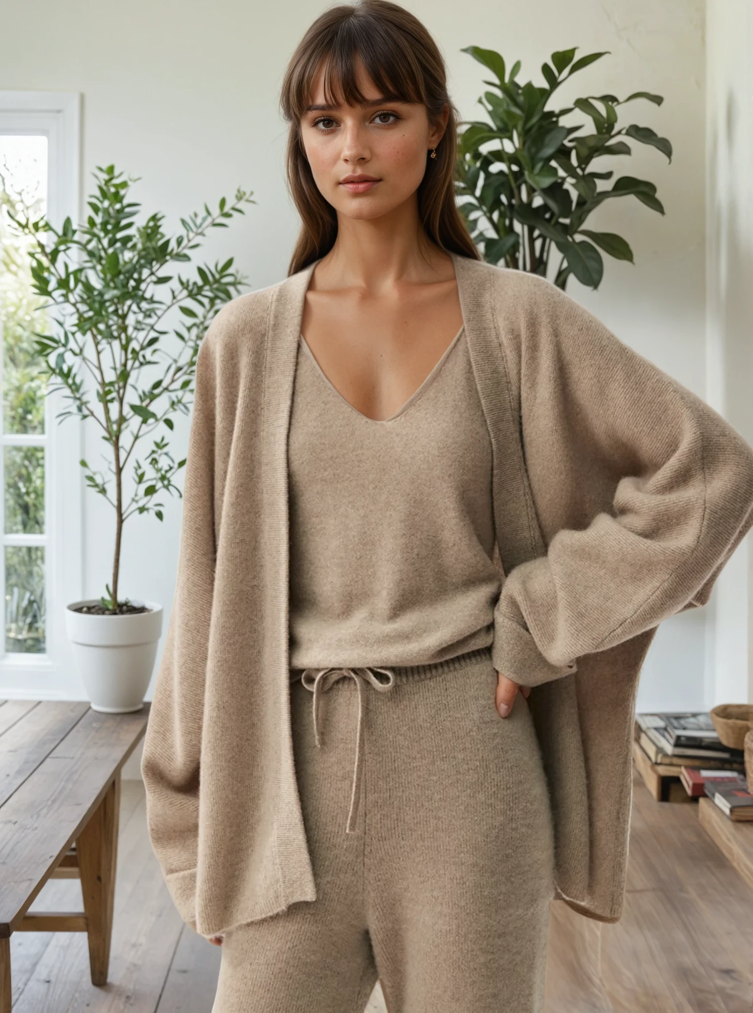 Cashmere cardigan on model, front shot, sweat and milk