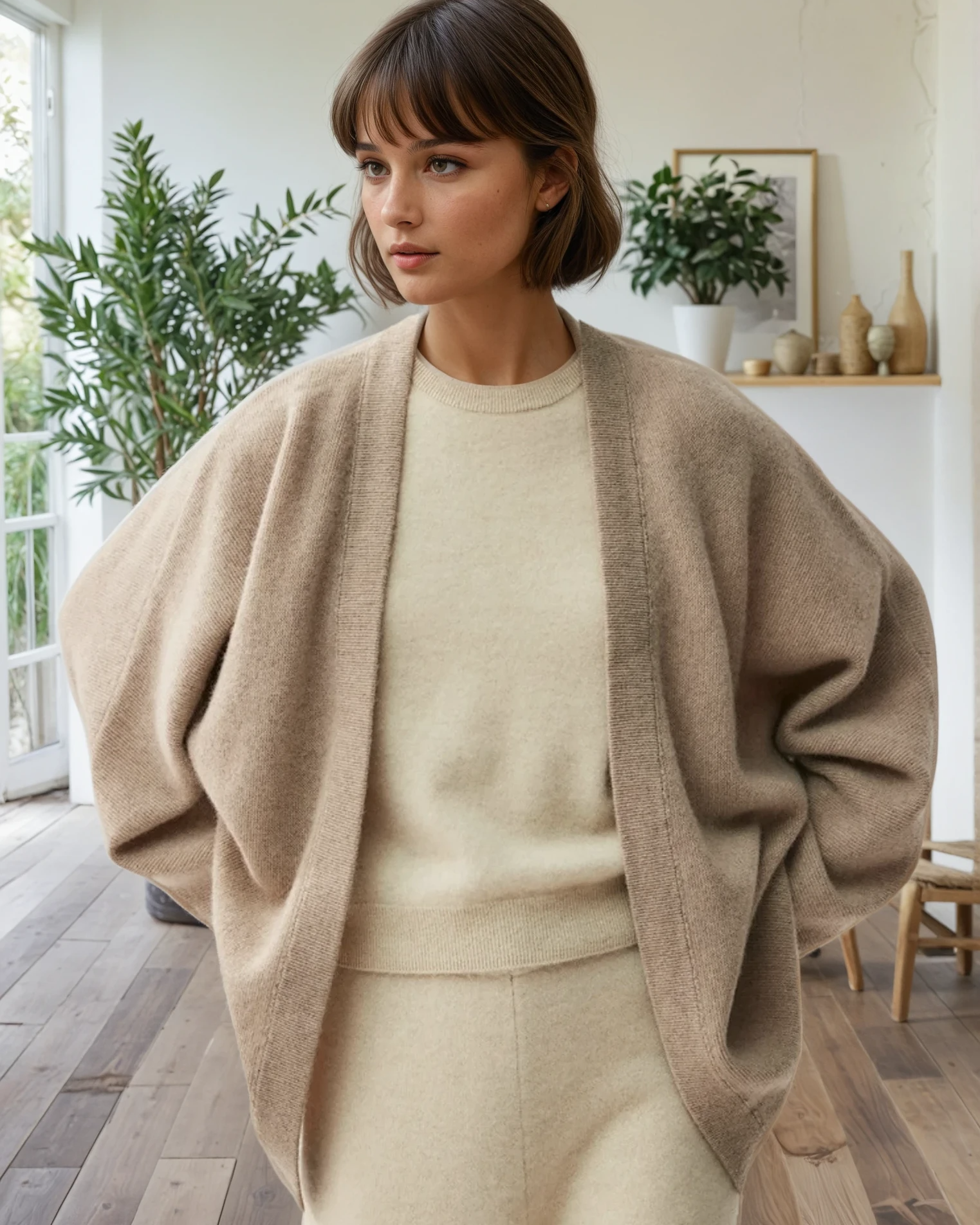 Cashmere cardigan on model, front shot, sweat and milk