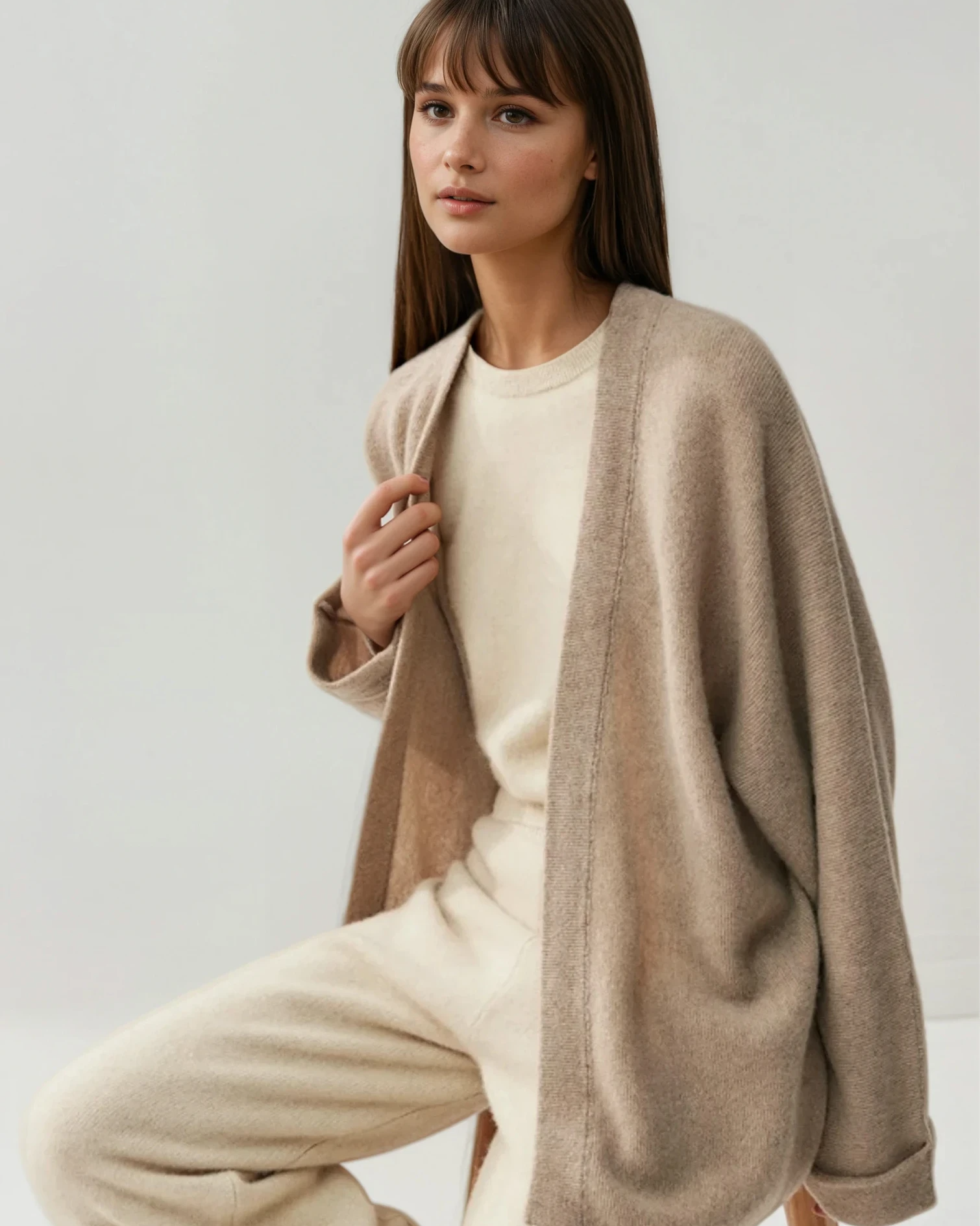 Cashmere cardigan on model, front shot, sweat and milk