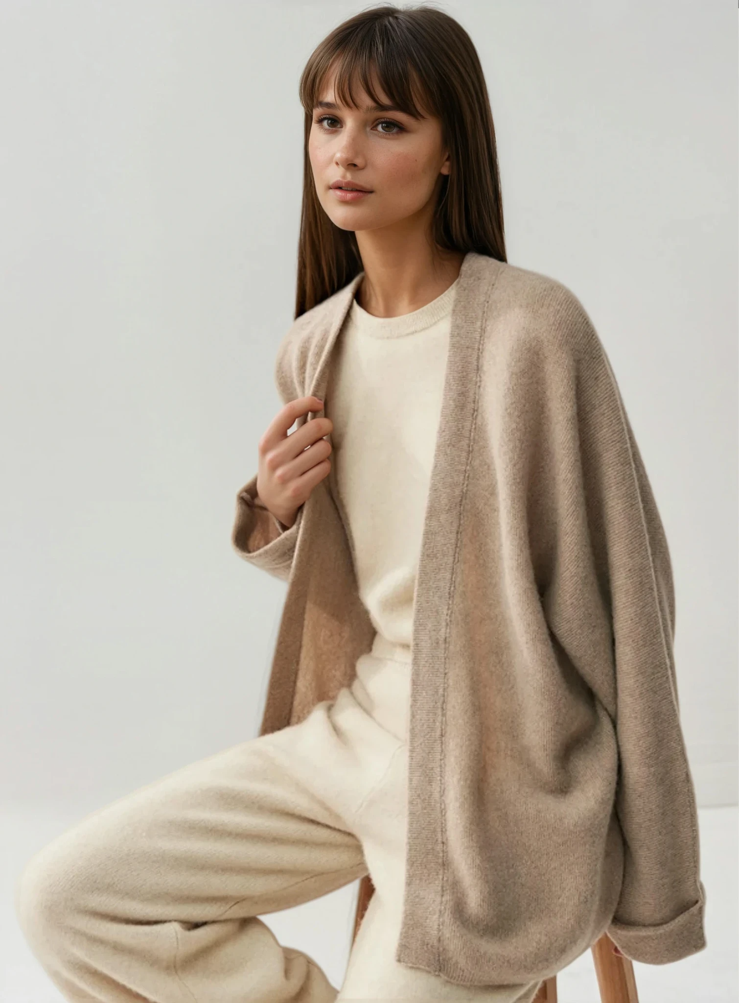 Cashmere cardigan on model, front shot, sweat and milk