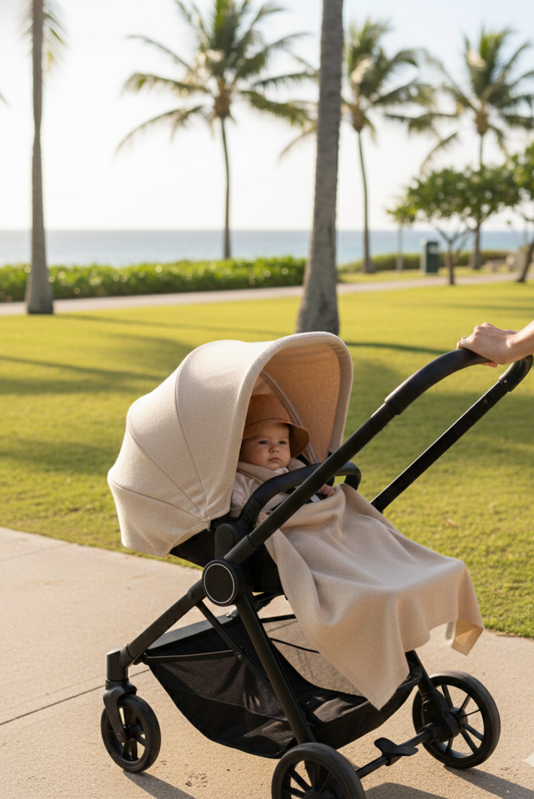a cashmere poncho is folded into a baby blanket to cover a baby's legs in a stroller