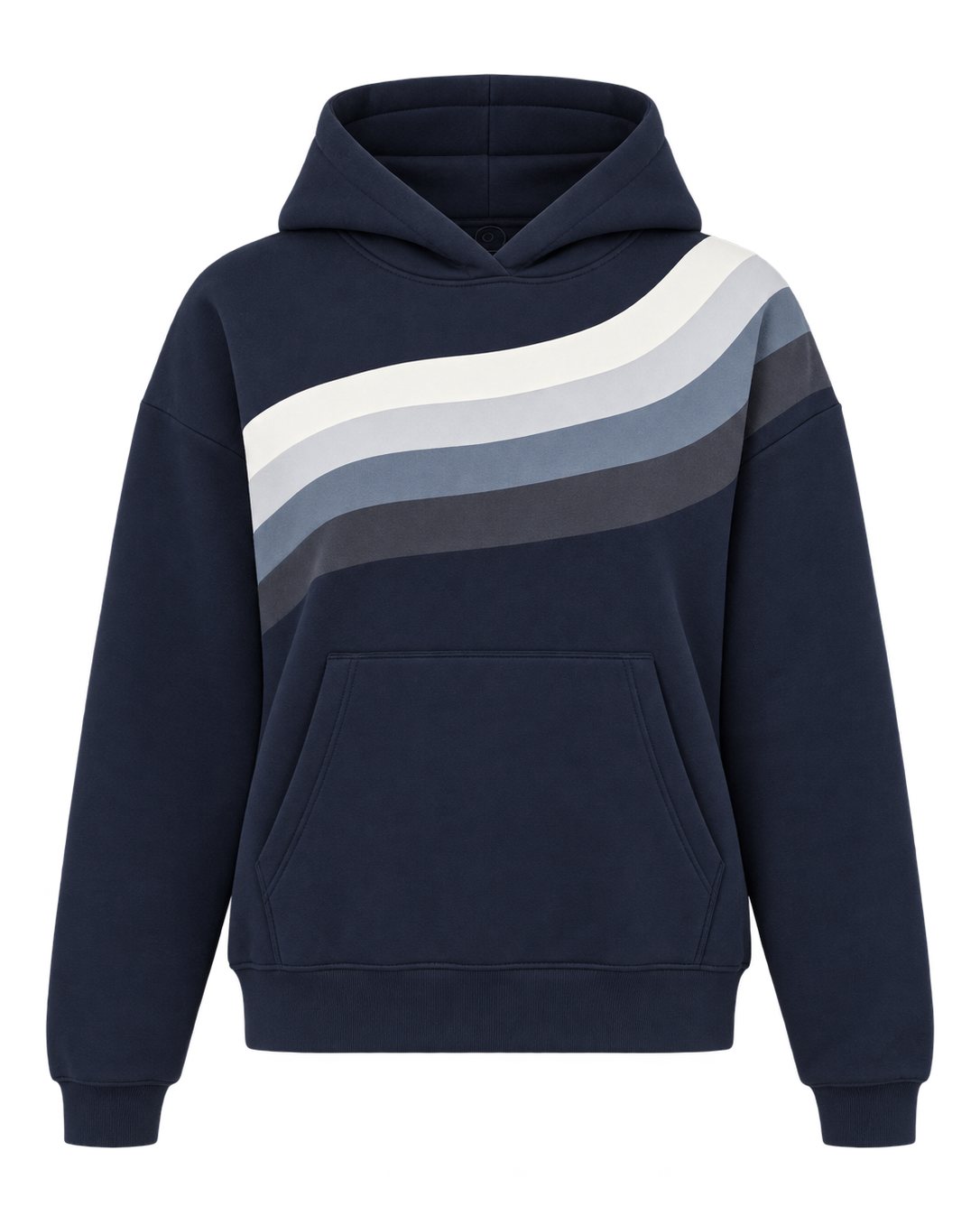 A navy blue pullover hoodie (Ruby) with a front kangaroo pocket and a diagonal wavy stripe pattern across the chest in white, light gray, medium gray, and dark gray.