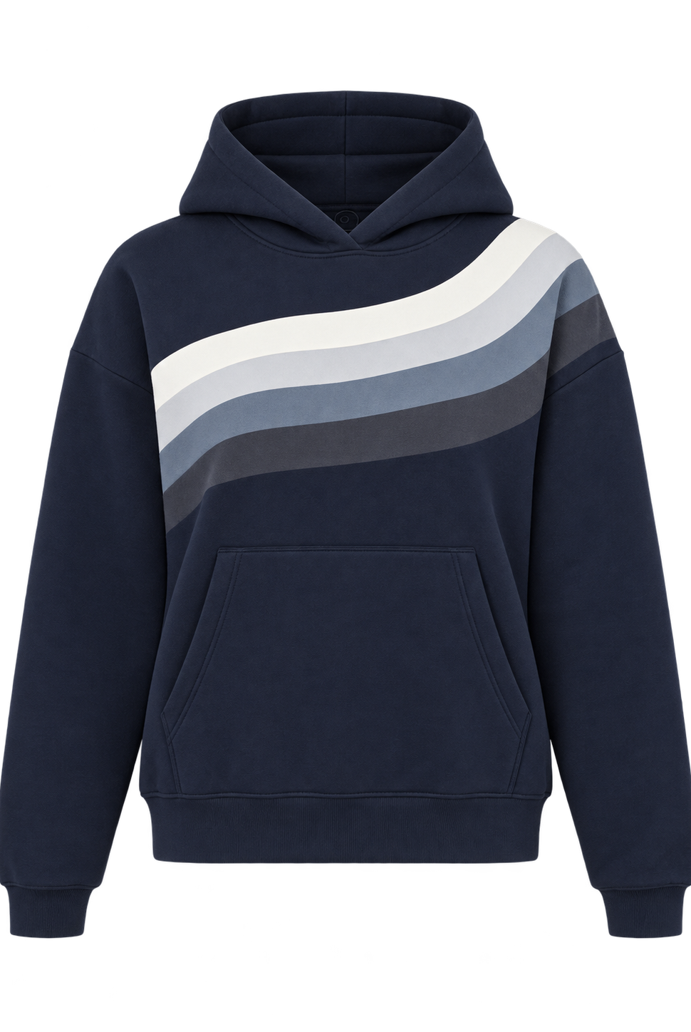 A navy blue pullover hoodie (Ruby) with a front kangaroo pocket and a diagonal wavy stripe pattern across the chest in white, light gray, medium gray, and dark gray.