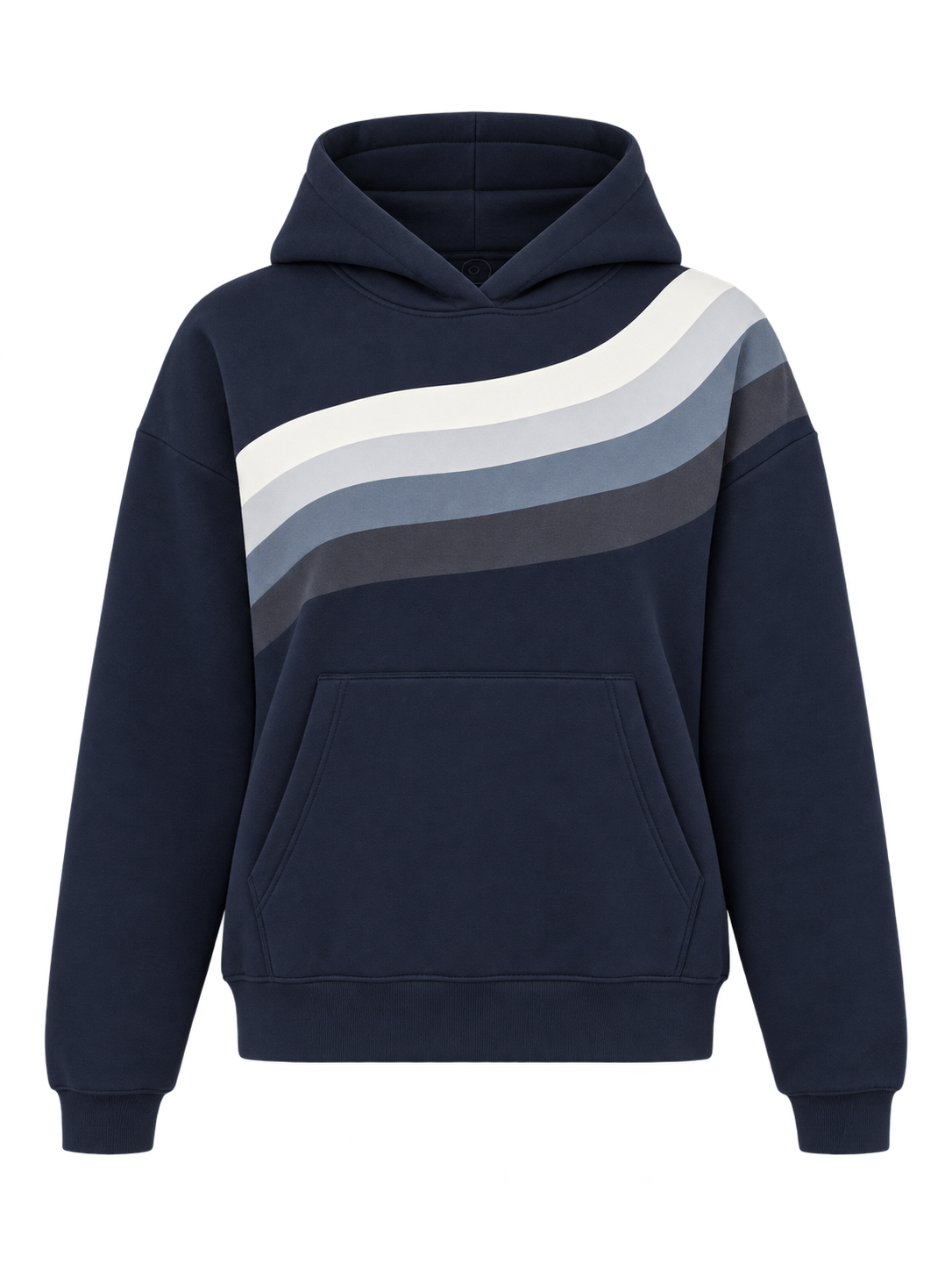 A navy blue pullover hoodie (Ruby) with a front kangaroo pocket and a diagonal wavy stripe pattern across the chest in white, light gray, medium gray, and dark gray.