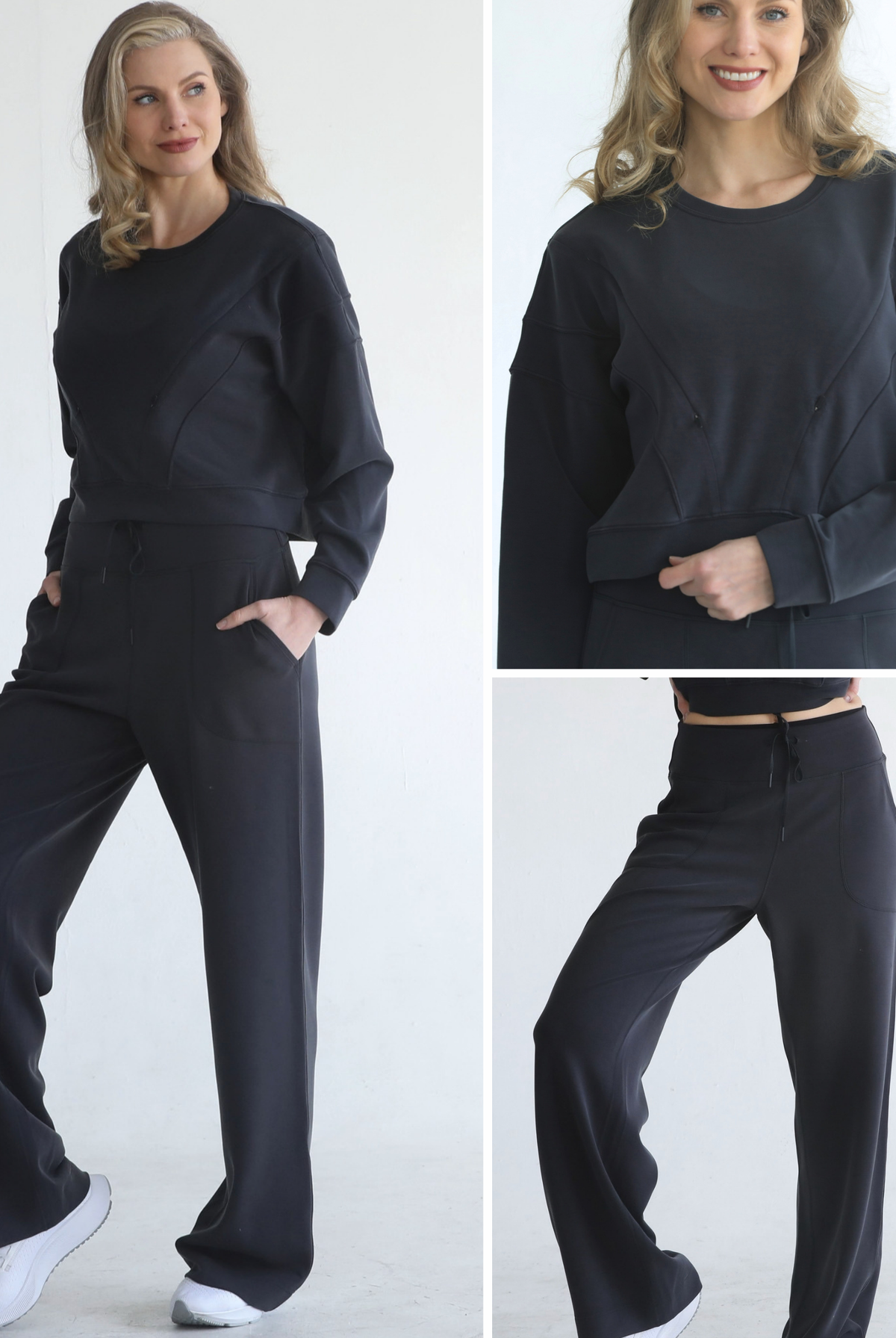 A woman modeling a matching dark navy lounge set (Lyah nursing lounge set) consisting of a long-sleeve cropped sweatshirt and high-waisted wide-leg pants, shown in a three-panel collage against a plain light background.