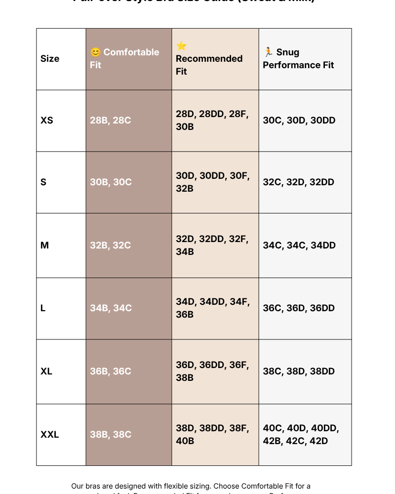 Pullover bra size chart vertical