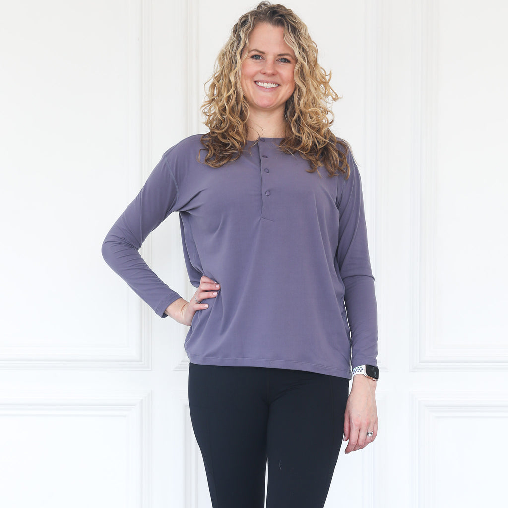 super soft nursing friendly henley long sleeve top, layer piece, relaxed fit, sweat and milk